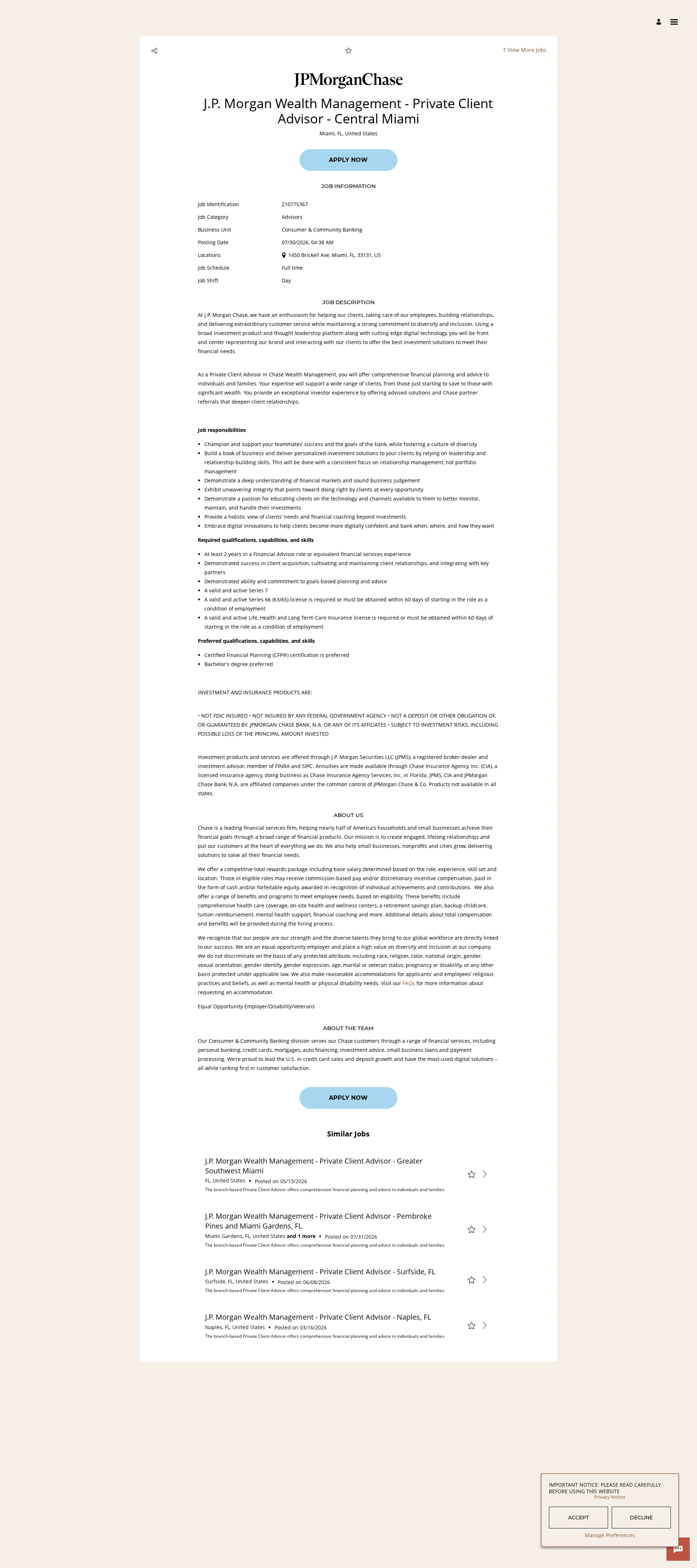JPMorganChase J.P. Morgan Wealth Management - Private Client Advisor - Central Miami 채용공고