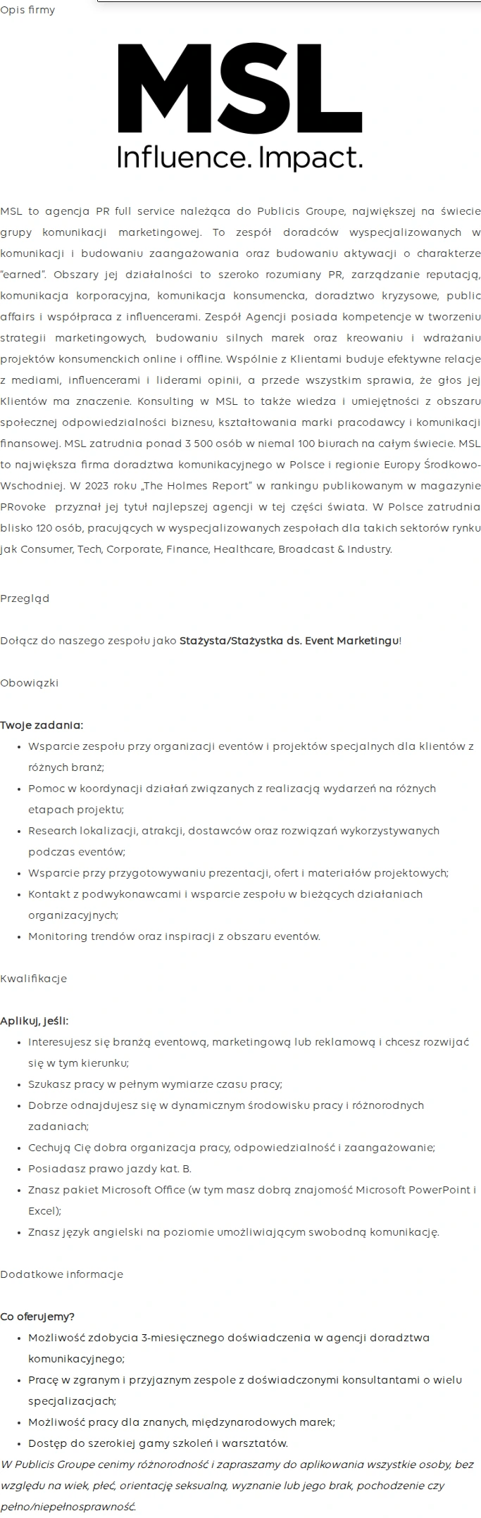 Publicis Groupe Stażysta/Stażystka ds. Event Marketingu 채용공고