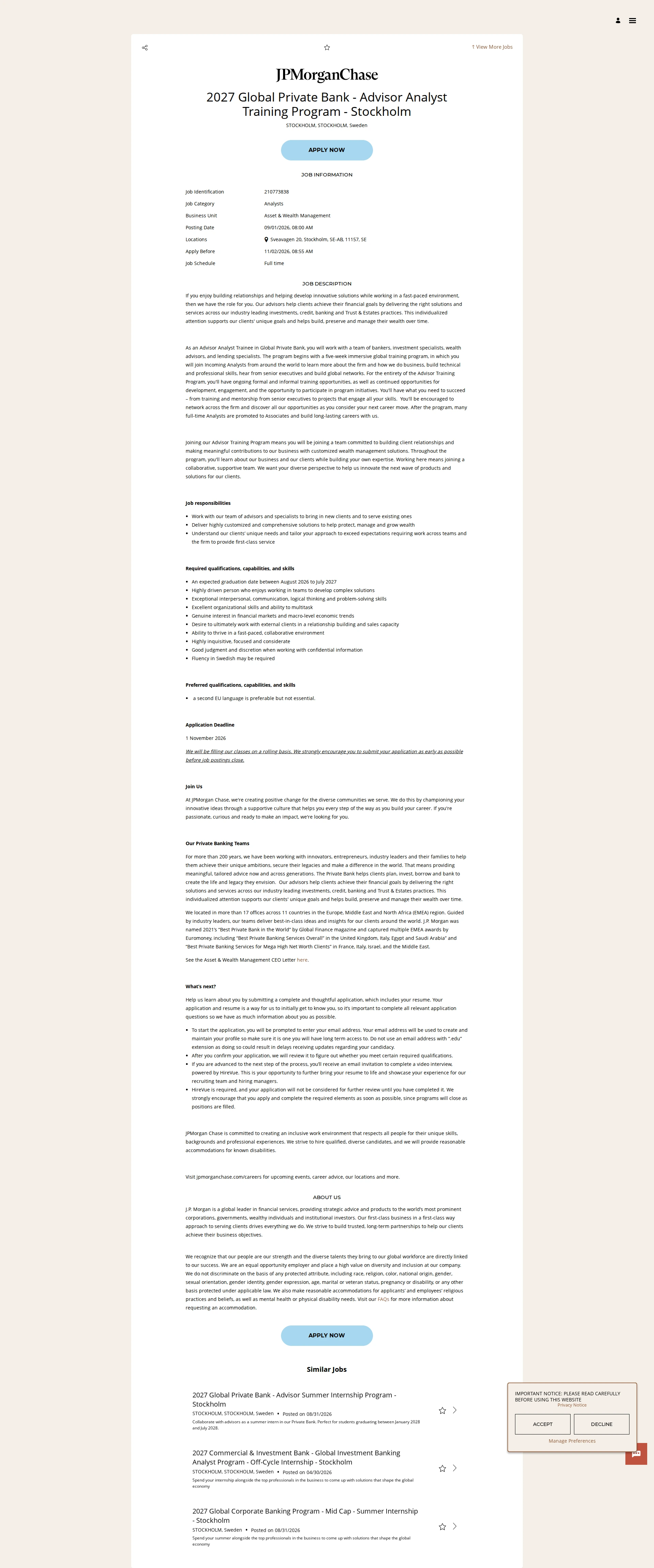 JPMorganChase 2027 Global Private Bank - Advisor Analyst Training Program - Stockholm 채용공고