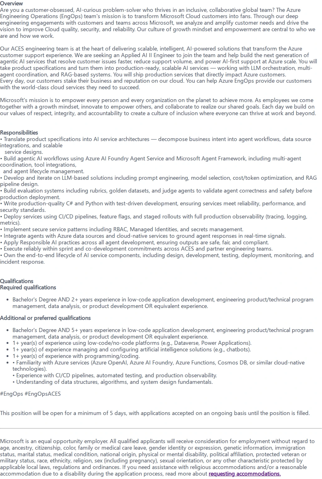 마이크로소프트(Microsoft) Applied AI Engineer II 채용공고