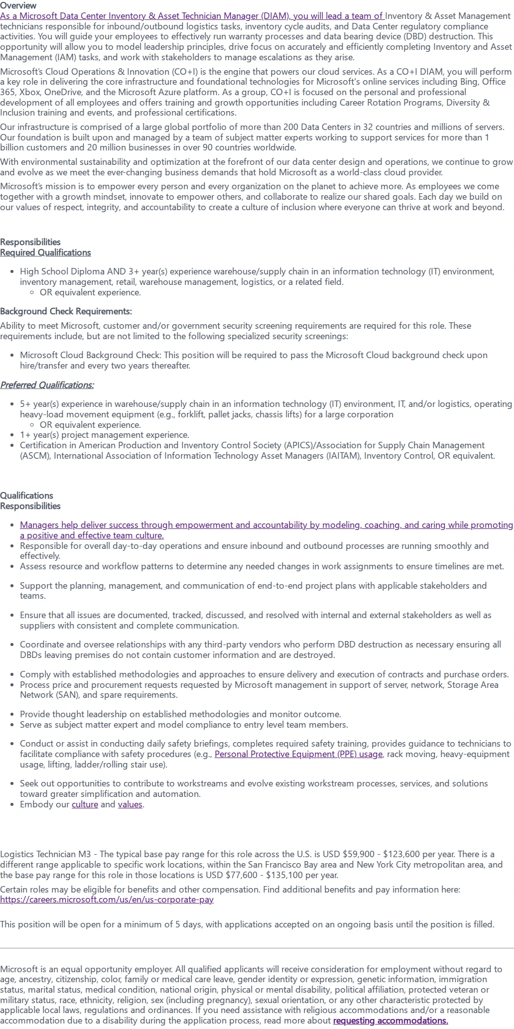 마이크로소프트(Microsoft) Data Center Inventory & Asset Technician Manager 채용공고