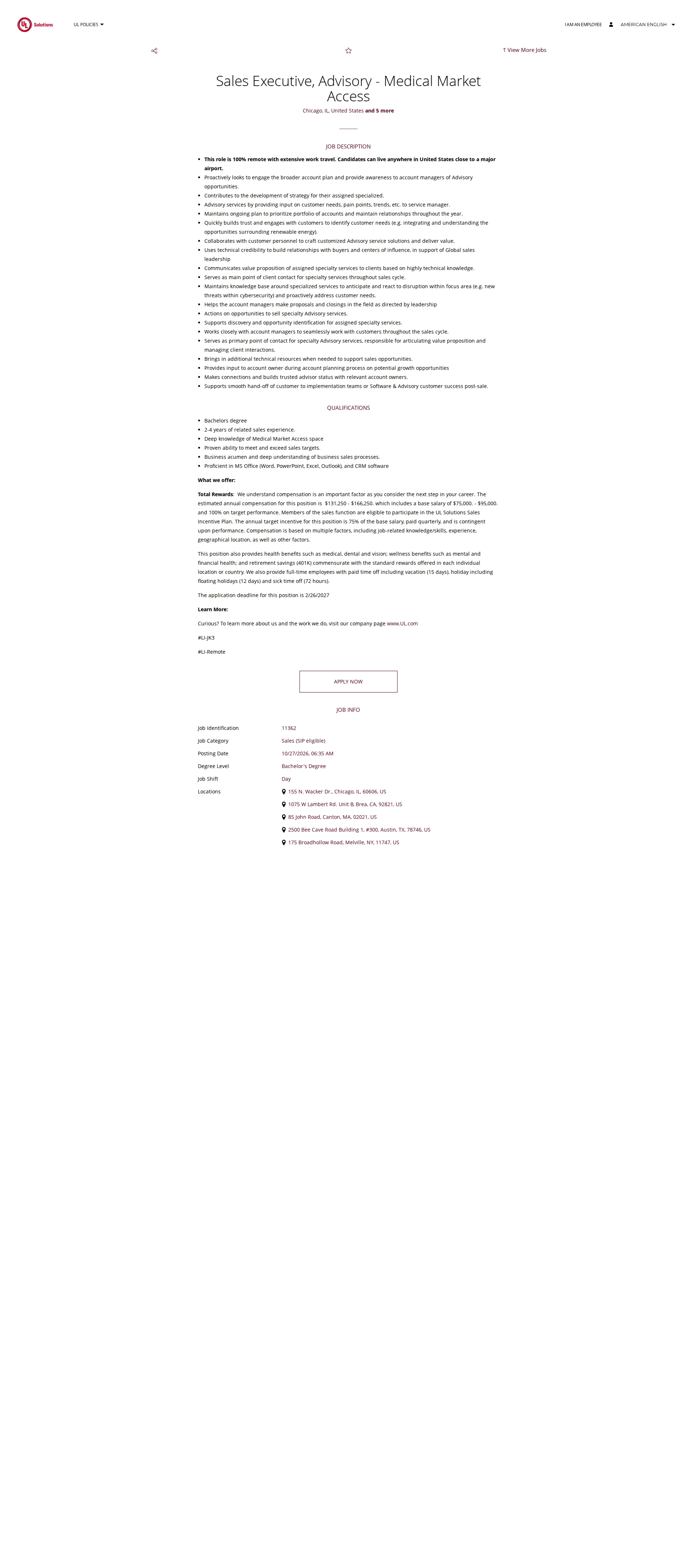 UL Solutions Sales Executive, Advisory - Medical Market Access 채용공고