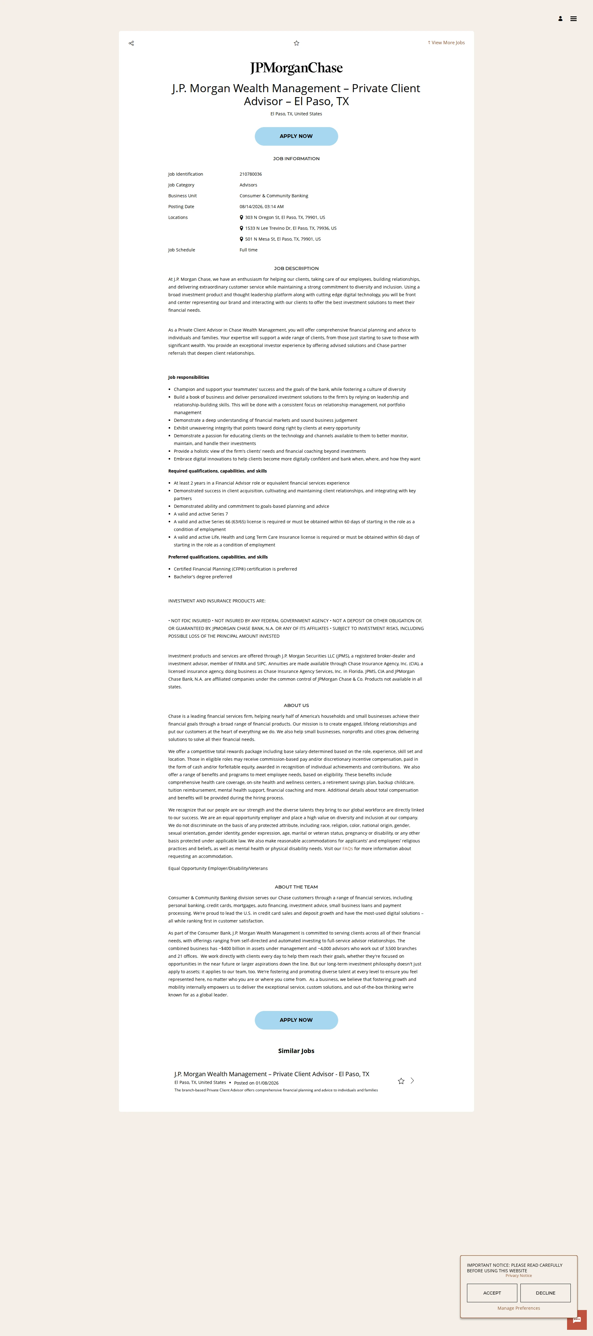 JPMorganChase J.P. Morgan Wealth Management – Private Client Advisor – El Paso, TX 채용공고