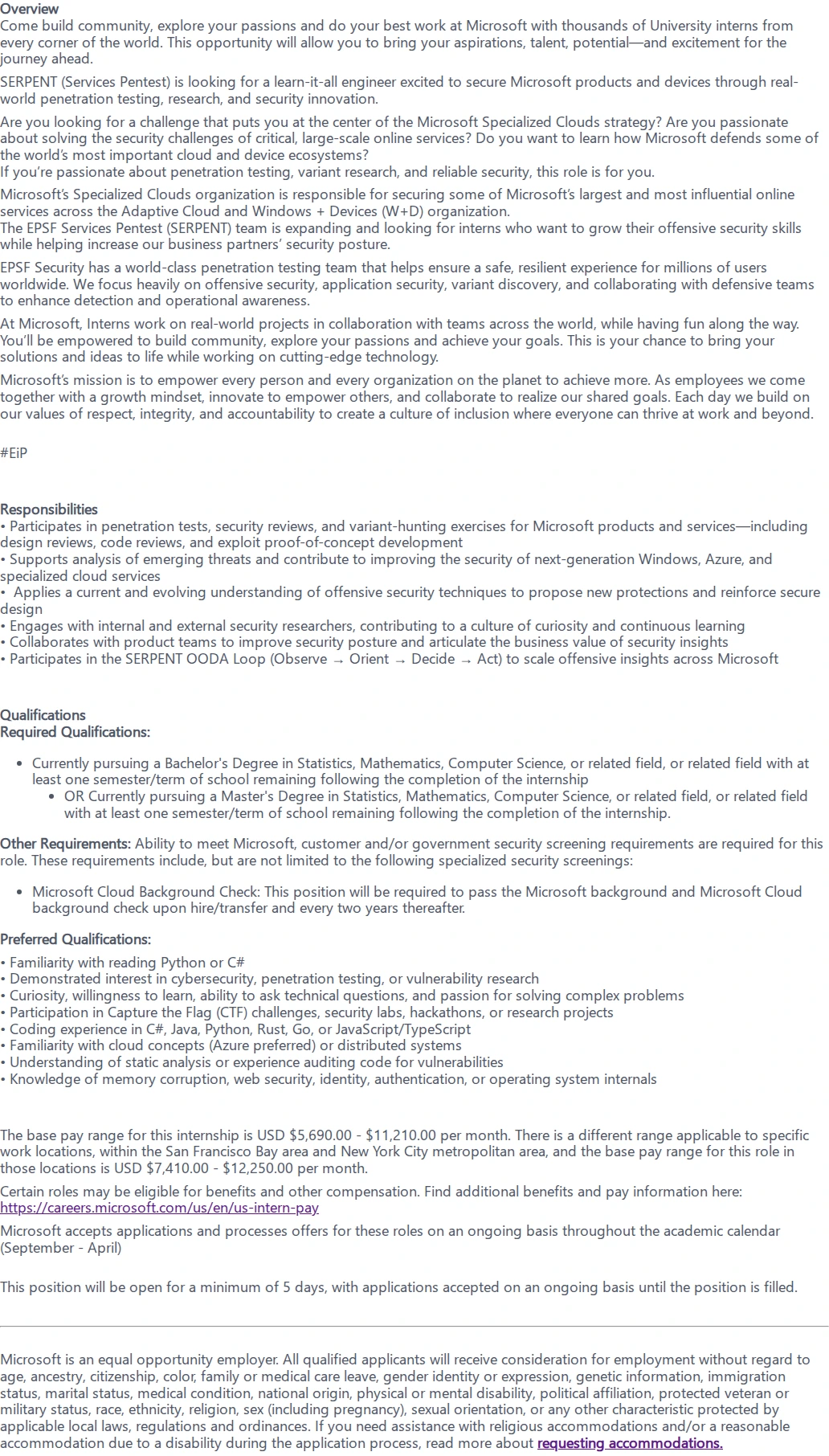 마이크로소프트(Microsoft) Penetration Tester, SERPENT: Internship Opportunities 채용공고