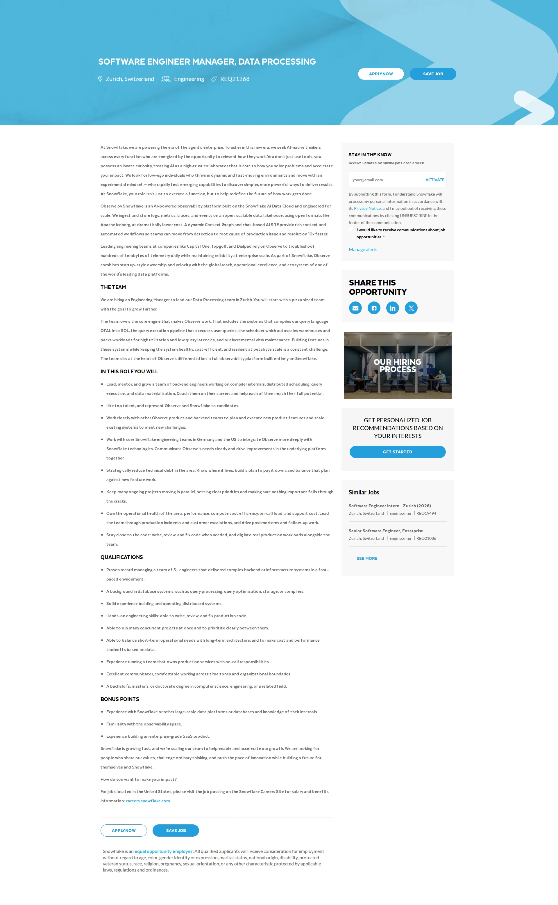 스노우플레이크 Software Engineer Manager, Data Processing 채용공고