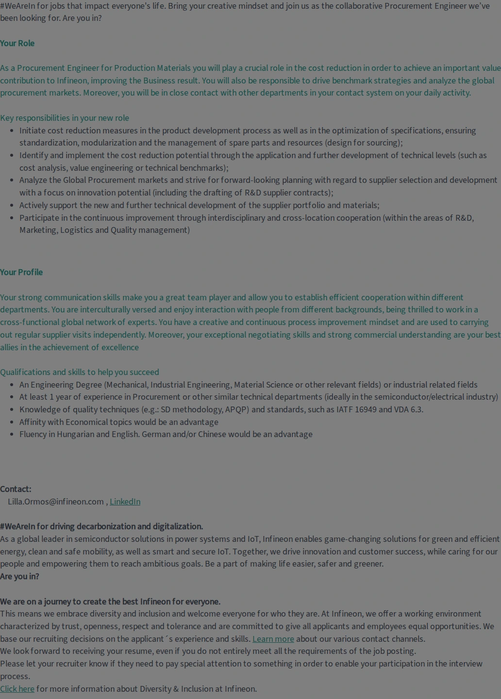 인피니언 Procurement Engineer for Production Materials (f/m/div) 채용공고