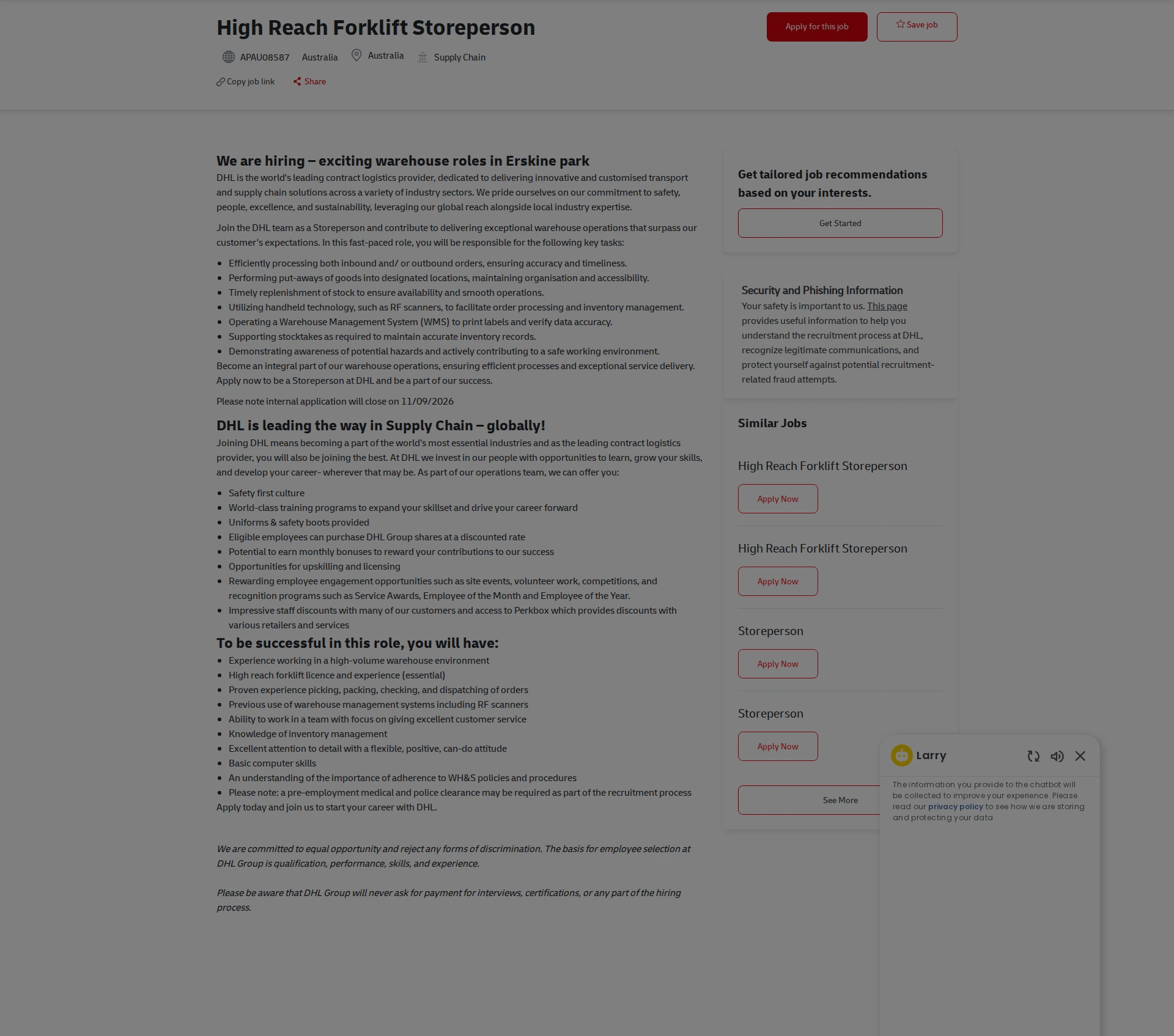 DHL High Reach Forklift Storeperson 채용공고