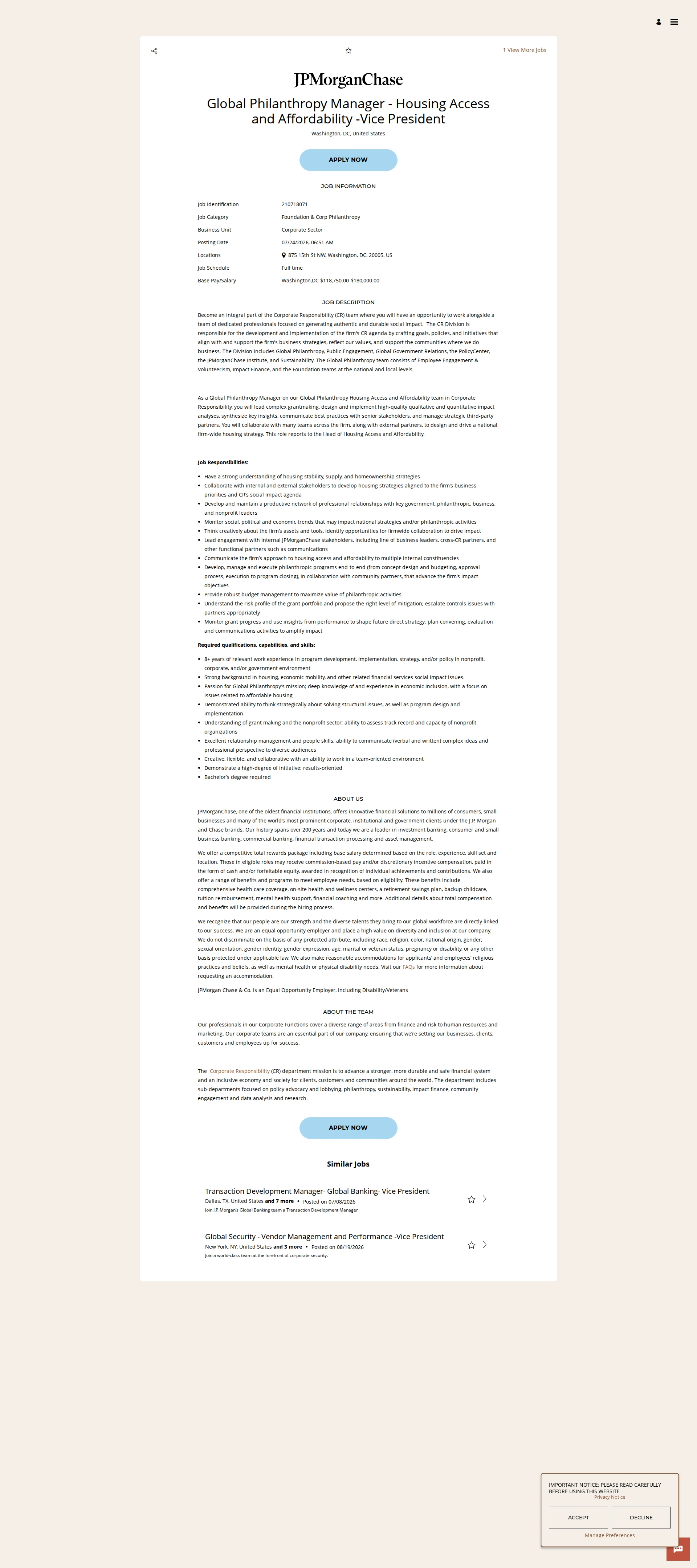 JPMorganChase Global Philanthropy Manager - Housing Access and Affordability -Vice President 채용공고
