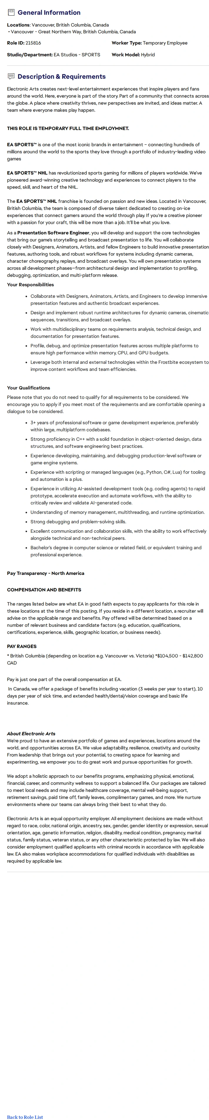 ElectronicArts Presentation Software Engineer - EA SPORTS™ NHL (TFT) 채용공고