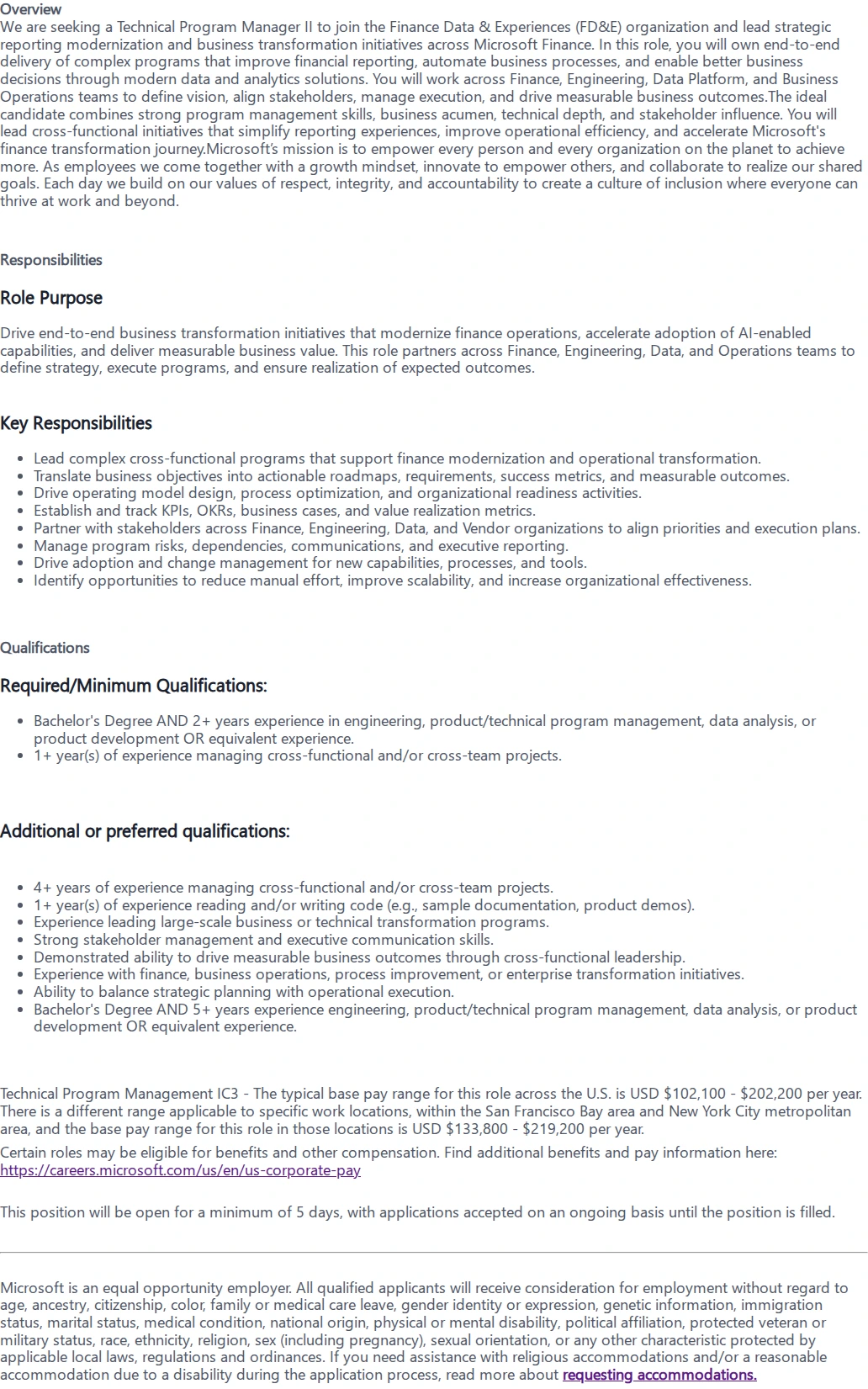 마이크로소프트(Microsoft) Technical Program Manager II 채용공고