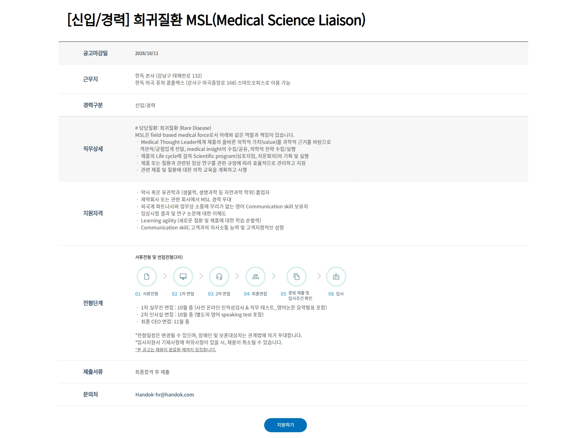 한독 [신입/경력] 희귀질환 MSL(Medical Science Liaison) 채용공고