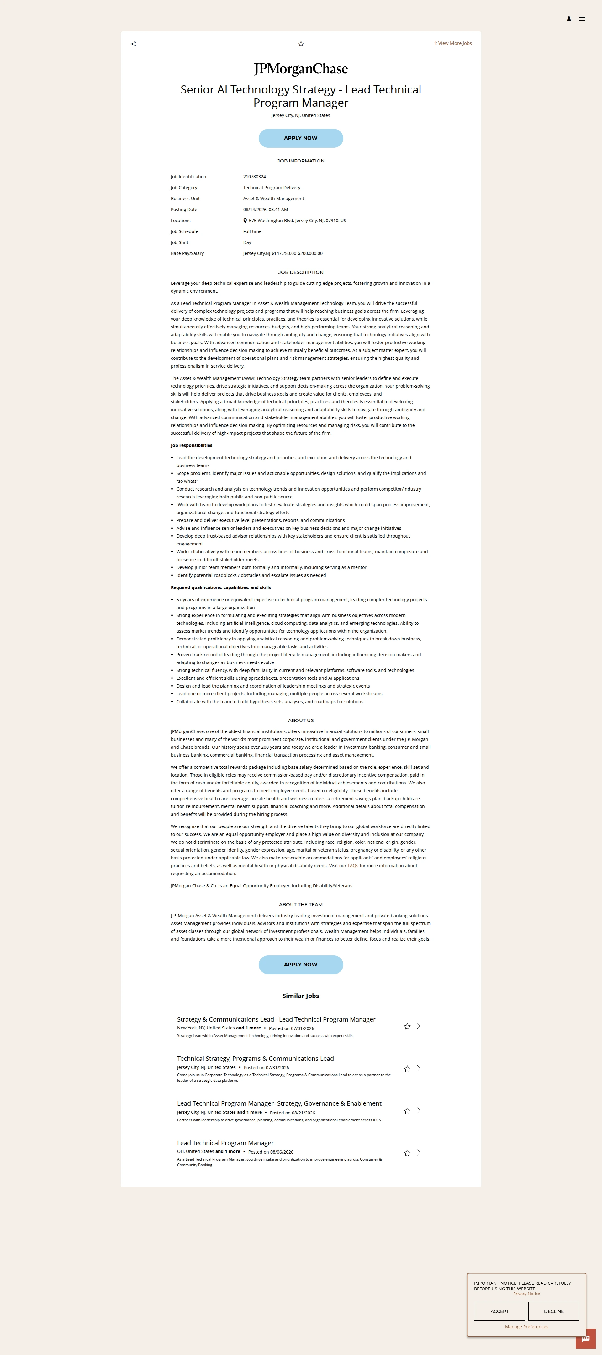 JPMorganChase Senior AI Technology Strategy - Lead Technical Program Manager 채용공고