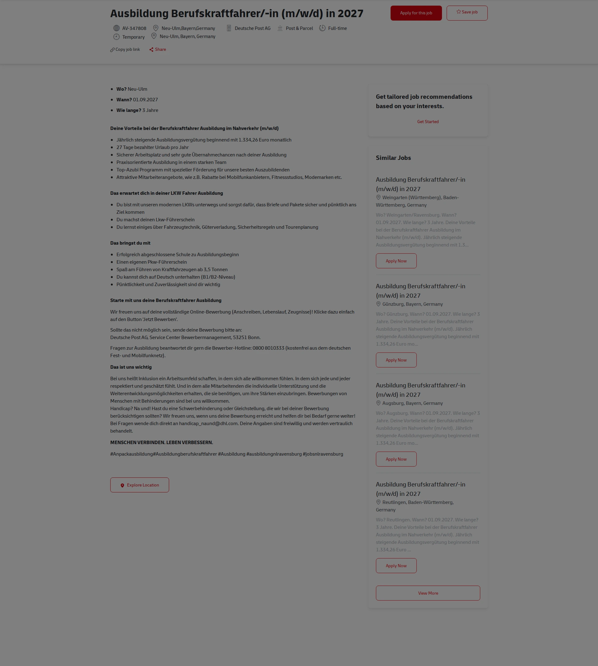 DHL Ausbildung Berufskraftfahrer/-in (m/w/d) in 2027 채용공고