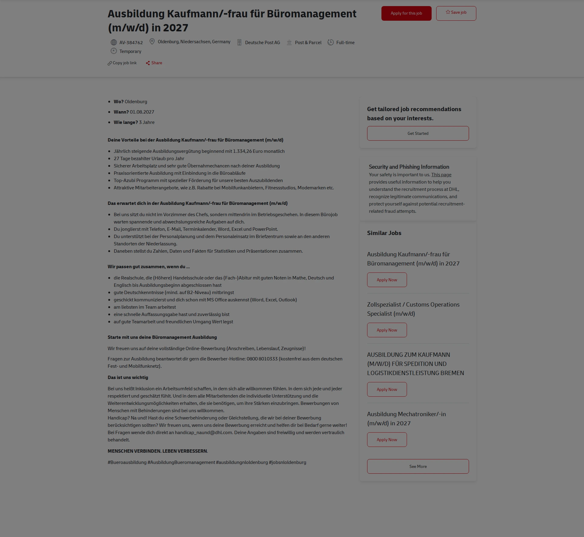 DHL Ausbildung Kaufmann/-frau für Büromanagement (m/w/d) in 2027 채용공고