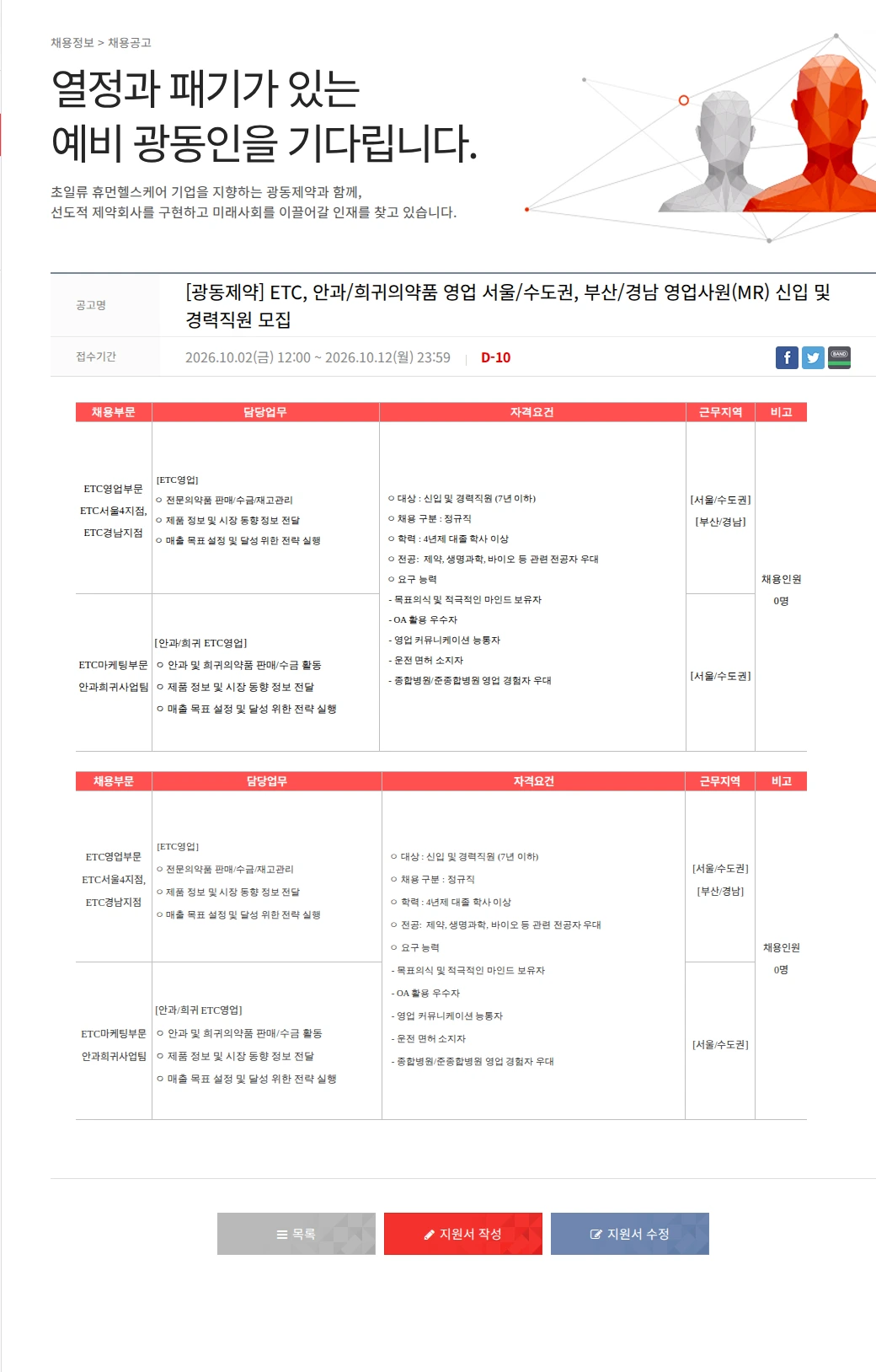 광동제약 [광동제약] ETC, 안과/희귀의약품 영업 서울/수도권, 부산/경남 영업사원(MR) 신입 및 경력직원 모집 채용공고