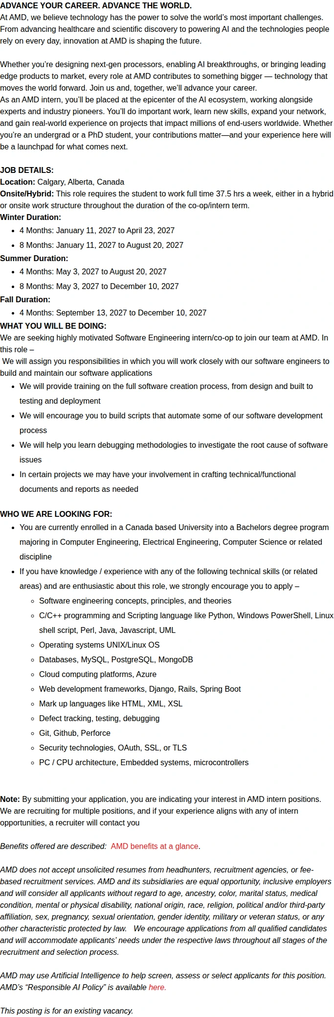 AMD Short Term 2027 Software Engineering Intern/ Co-Op 채용공고