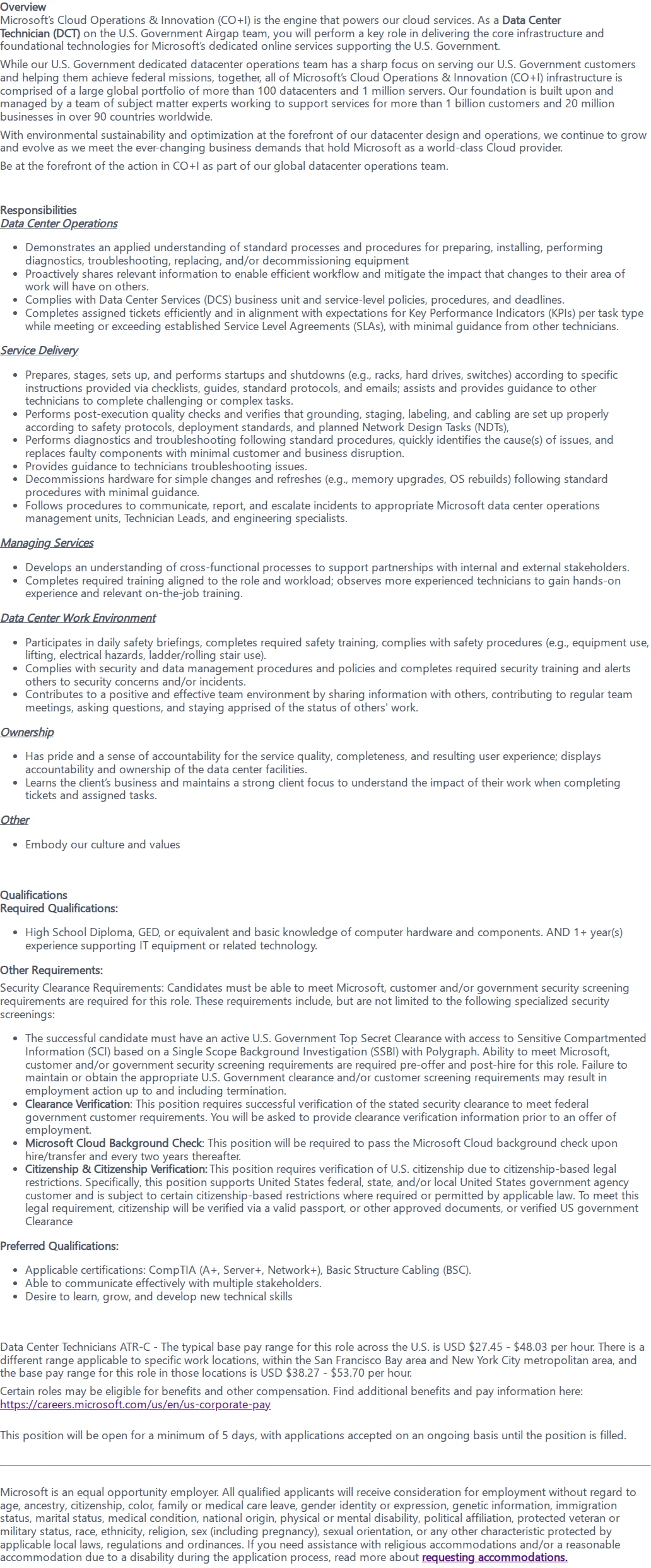 마이크로소프트(Microsoft) Data Center Technician (NightShift) - CTJ - Poly 채용공고