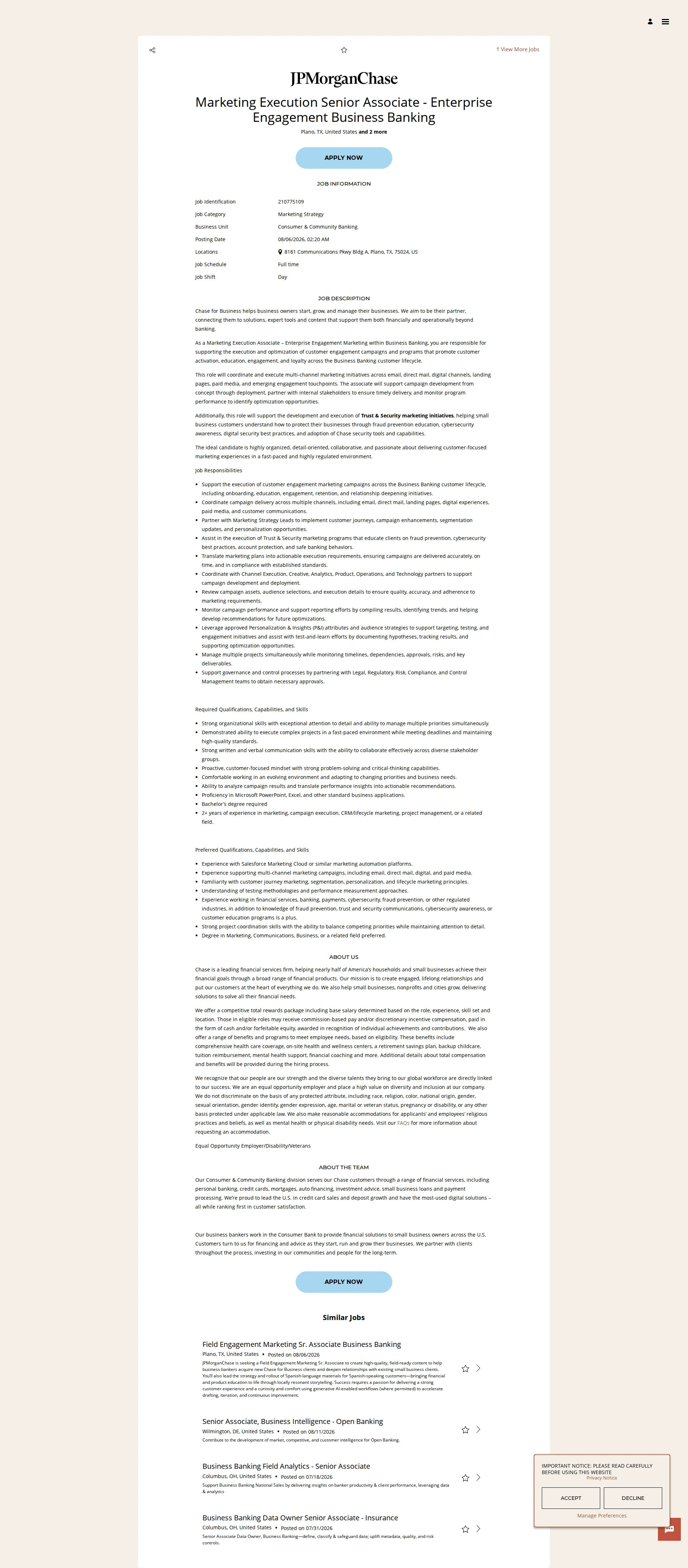JPMorganChase Marketing Execution Senior Associate - Enterprise Engagement Business Banking 채용공고