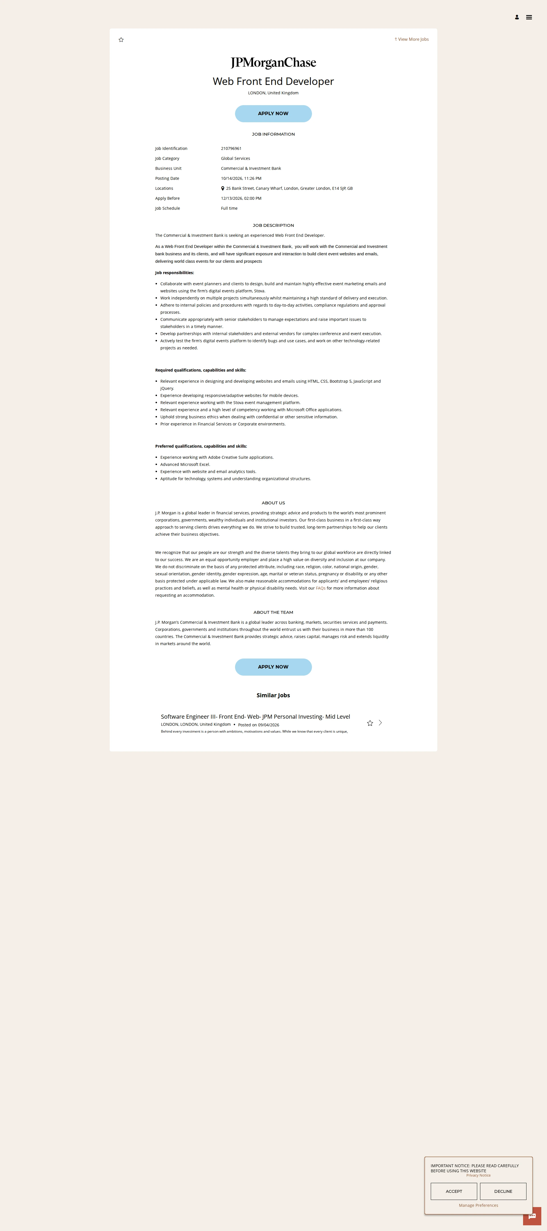 JPMorganChase Web Front End Developer 채용공고