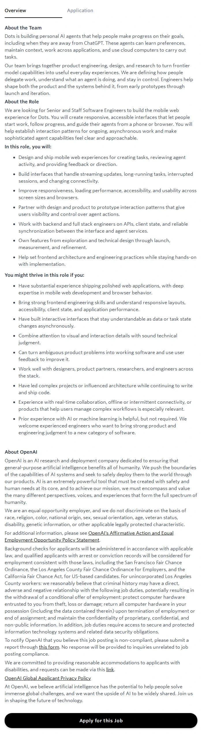 오픈에이아이(OpenAI) Software Engineer, Mobile Web — Dots 채용공고