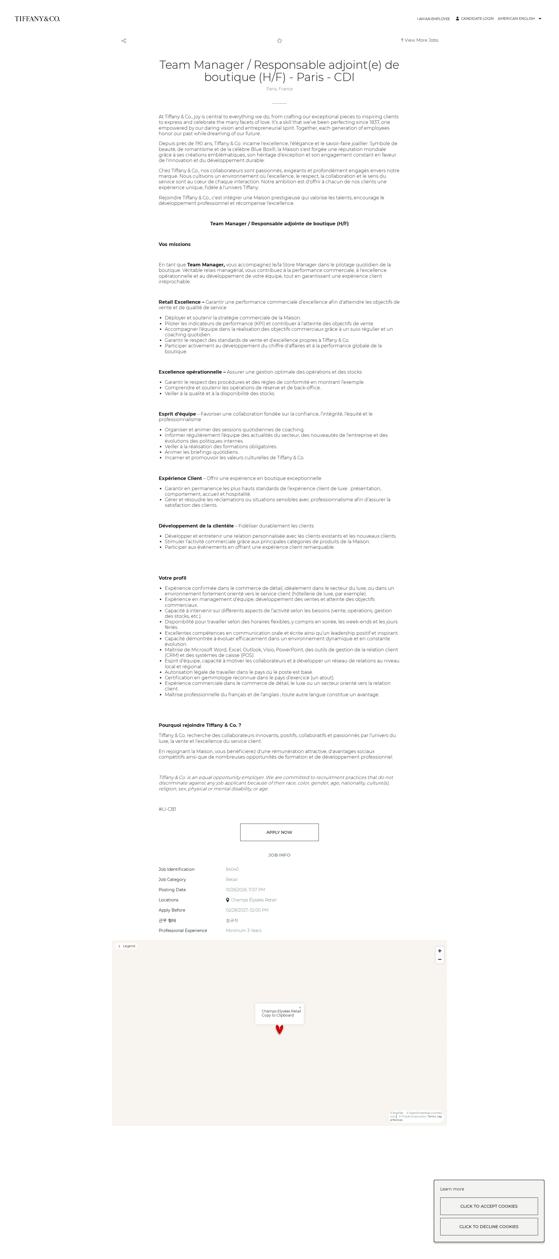 티파니앤코 Team Manager / Responsable adjoint(e) de boutique (H/F) - Paris - CDI 채용공고