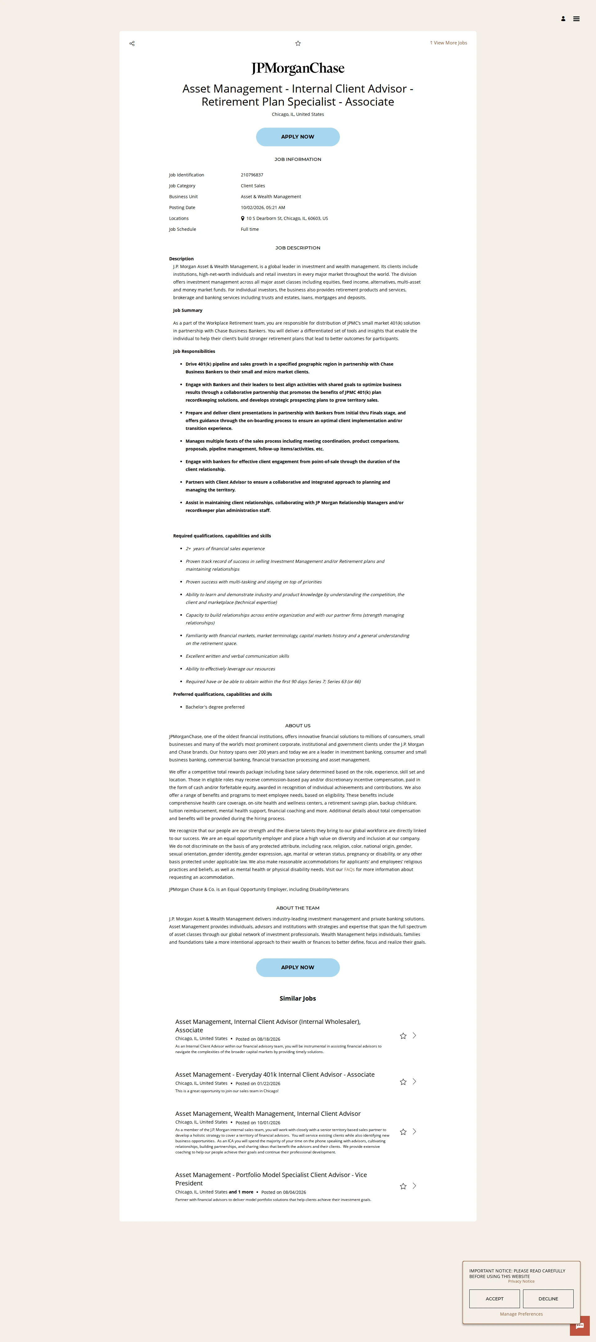 JPMorganChase Asset Management - Internal Client Advisor - Retirement Plan Specialist - Associate 채용공고