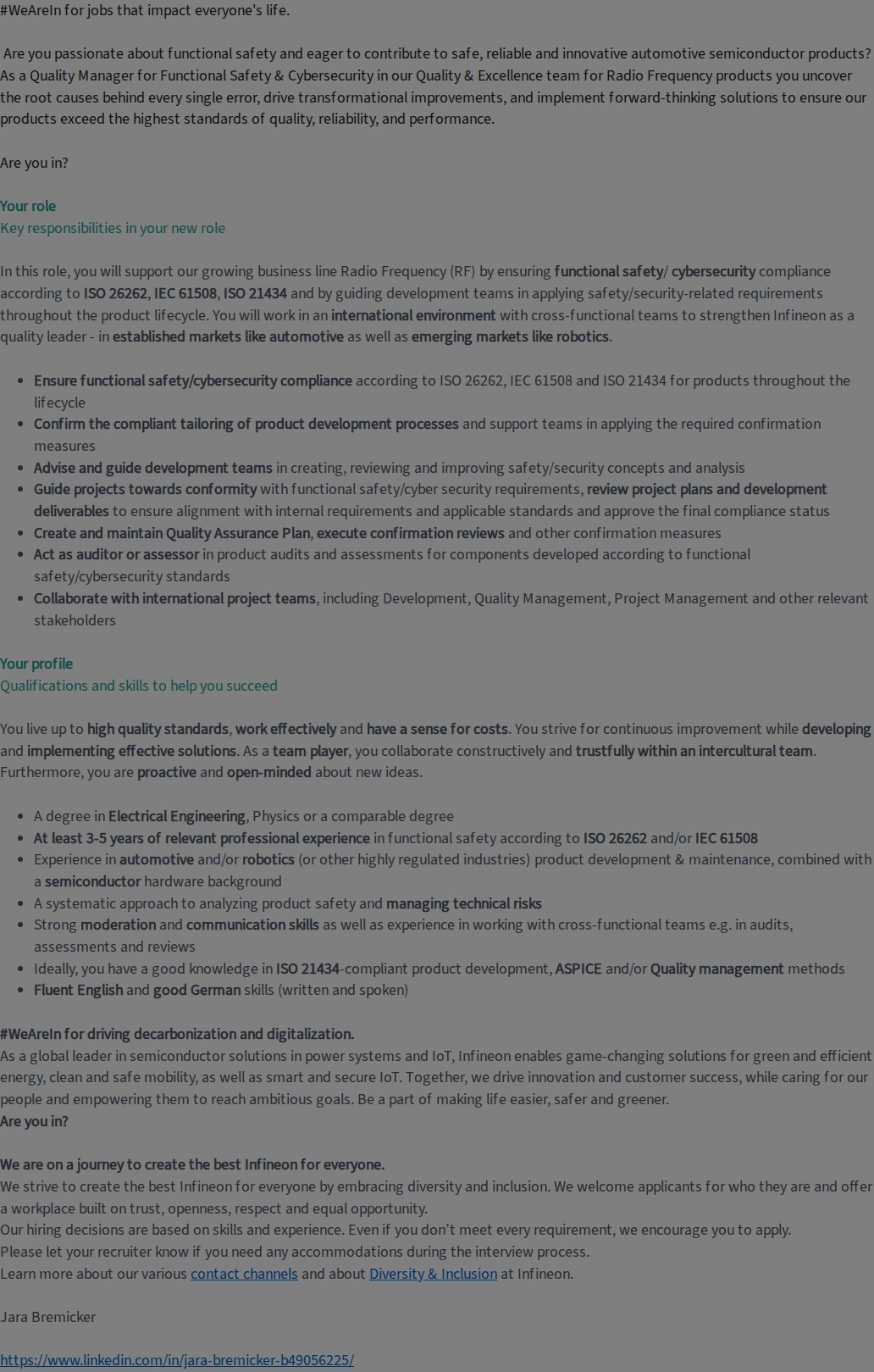 인피니언테크놀로지스코리아 Manager Functional Safety and Cybersecurity Quality Management for Radio Frequency products (f/m/div) 채용공고