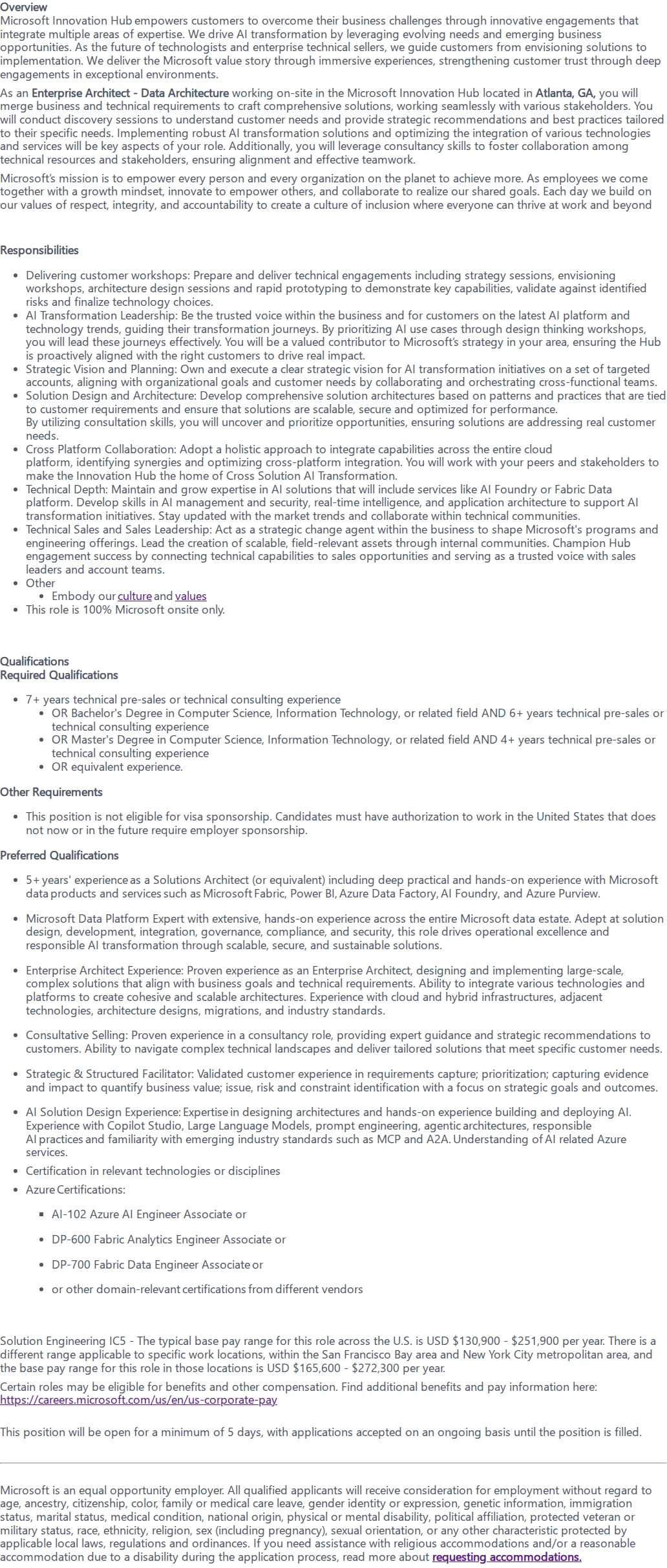 마이크로소프트(Microsoft) Enterprise Architect - Data Architecture - Atlanta Innovation Hub 채용공고