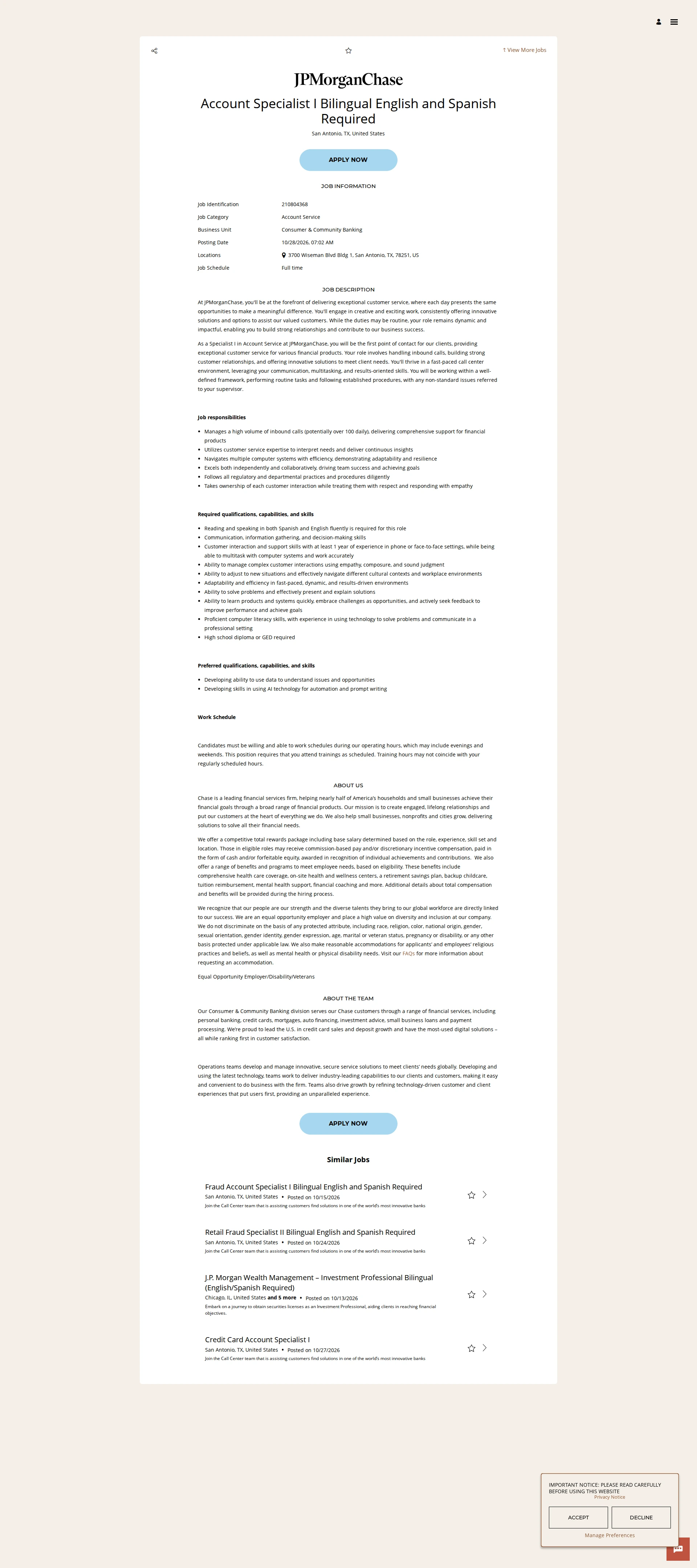 JPMorganChase Account Specialist I Bilingual English and Spanish Required 채용공고