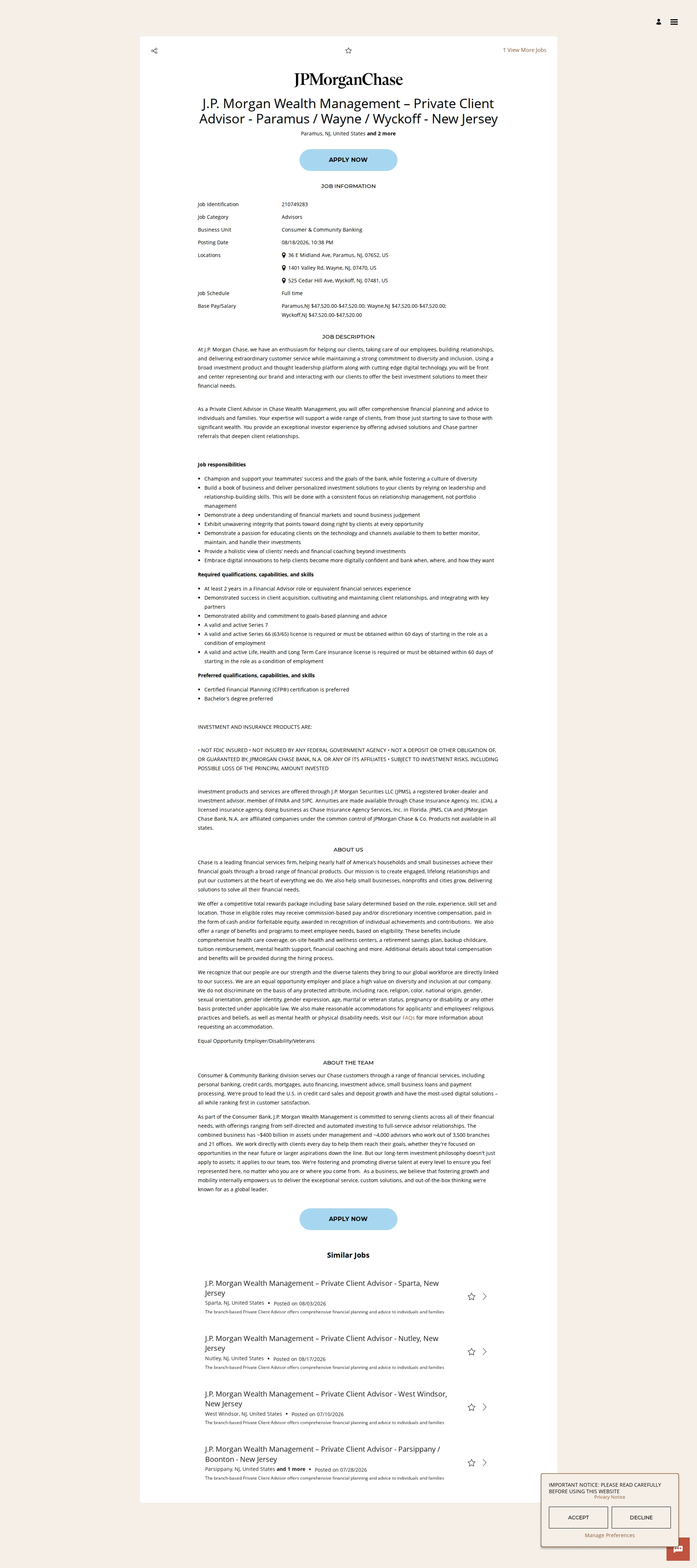 JPMorganChase J.P. Morgan Wealth Management – Private Client Advisor - Paramus / Wayne / Wyckoff - New Jersey 채용공고
