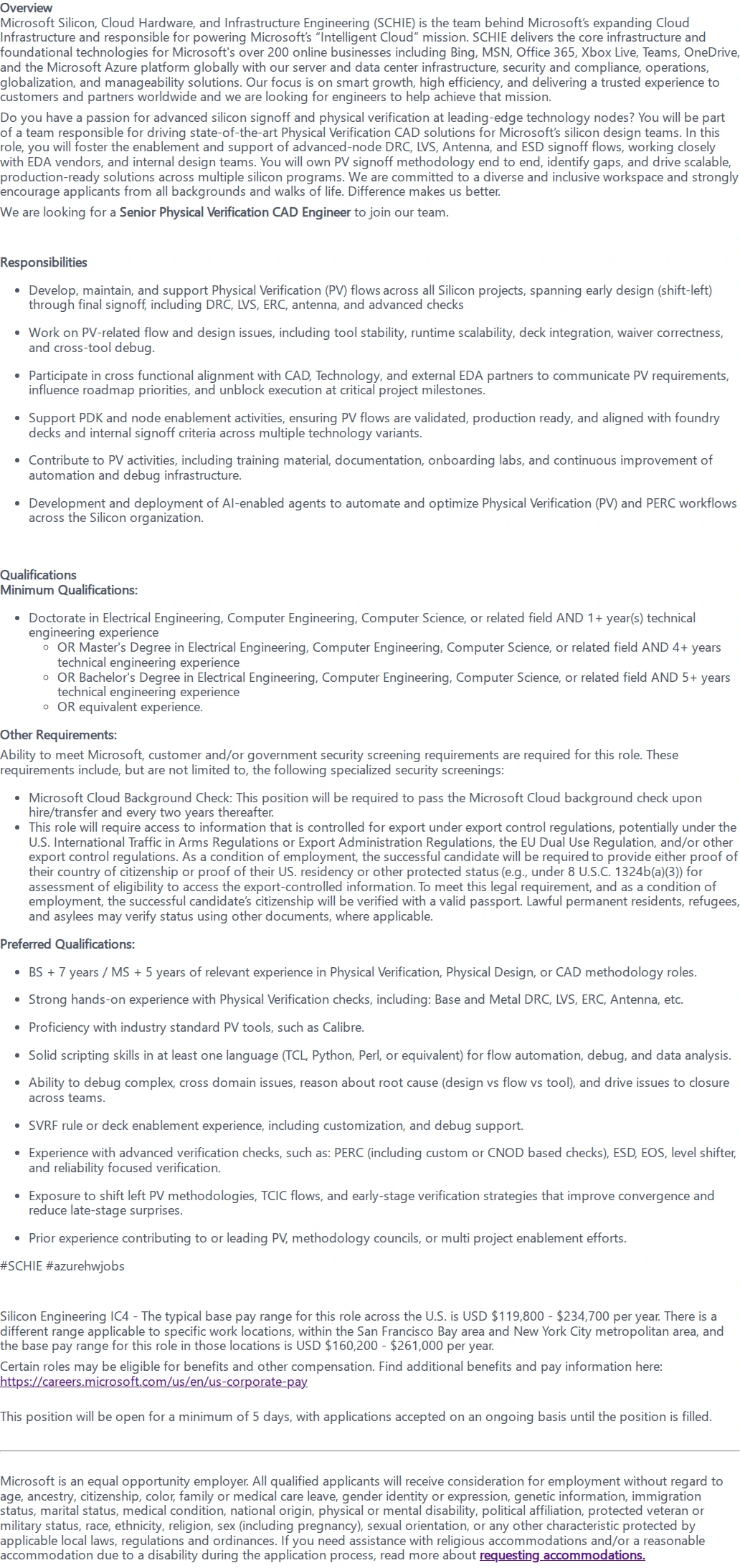 마이크로소프트(Microsoft) Senior Physical Verification CAD Engineer 채용공고
