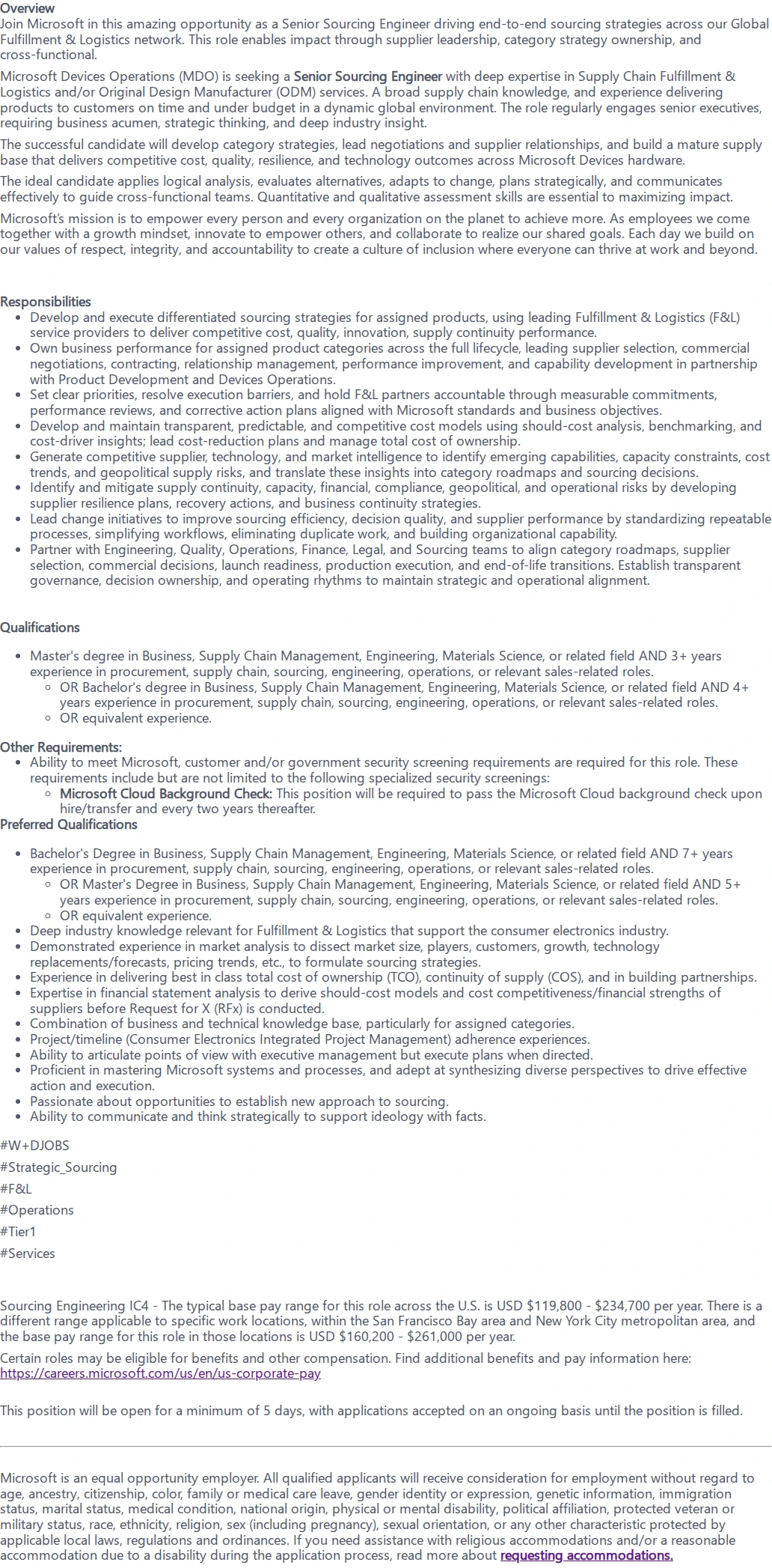 마이크로소프트(Microsoft) Senior Sourcing Engineer 채용공고
