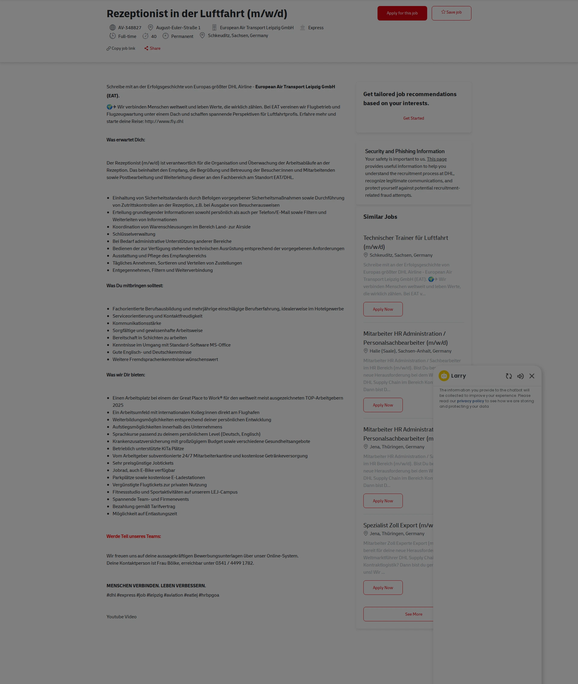 DHL Rezeptionist in der Luftfahrt (m/w/d) 채용공고