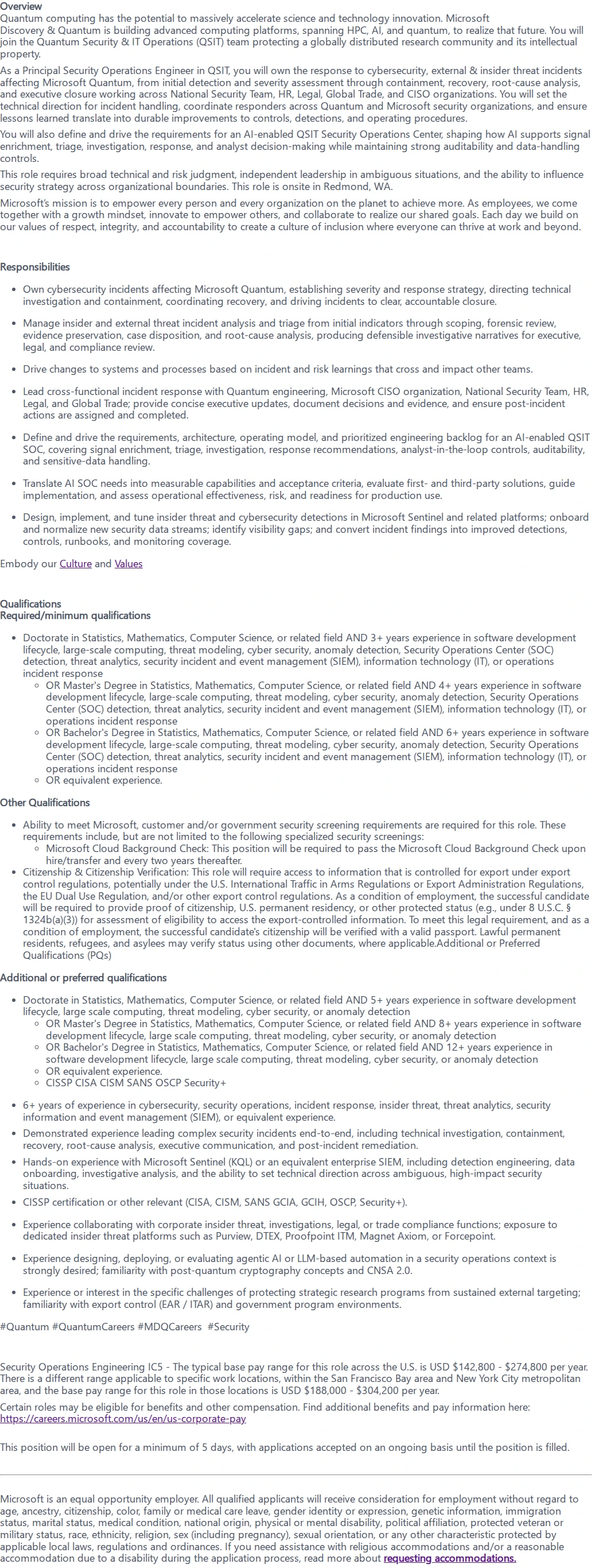 마이크로소프트(Microsoft) Principal Security Operations Engineer 채용공고