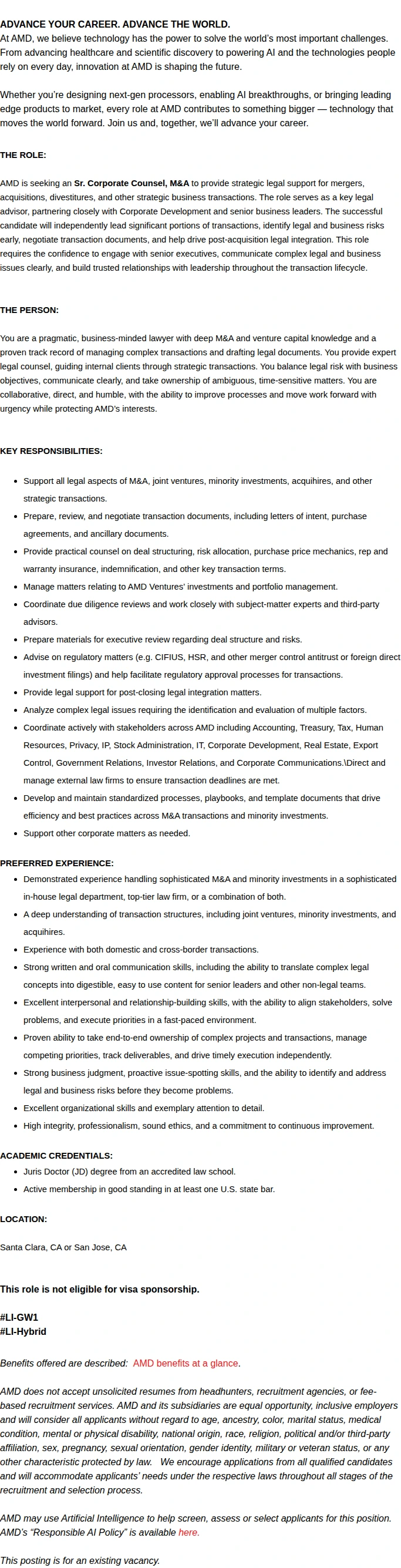 AMD Sr. Counsel, M&A 채용공고