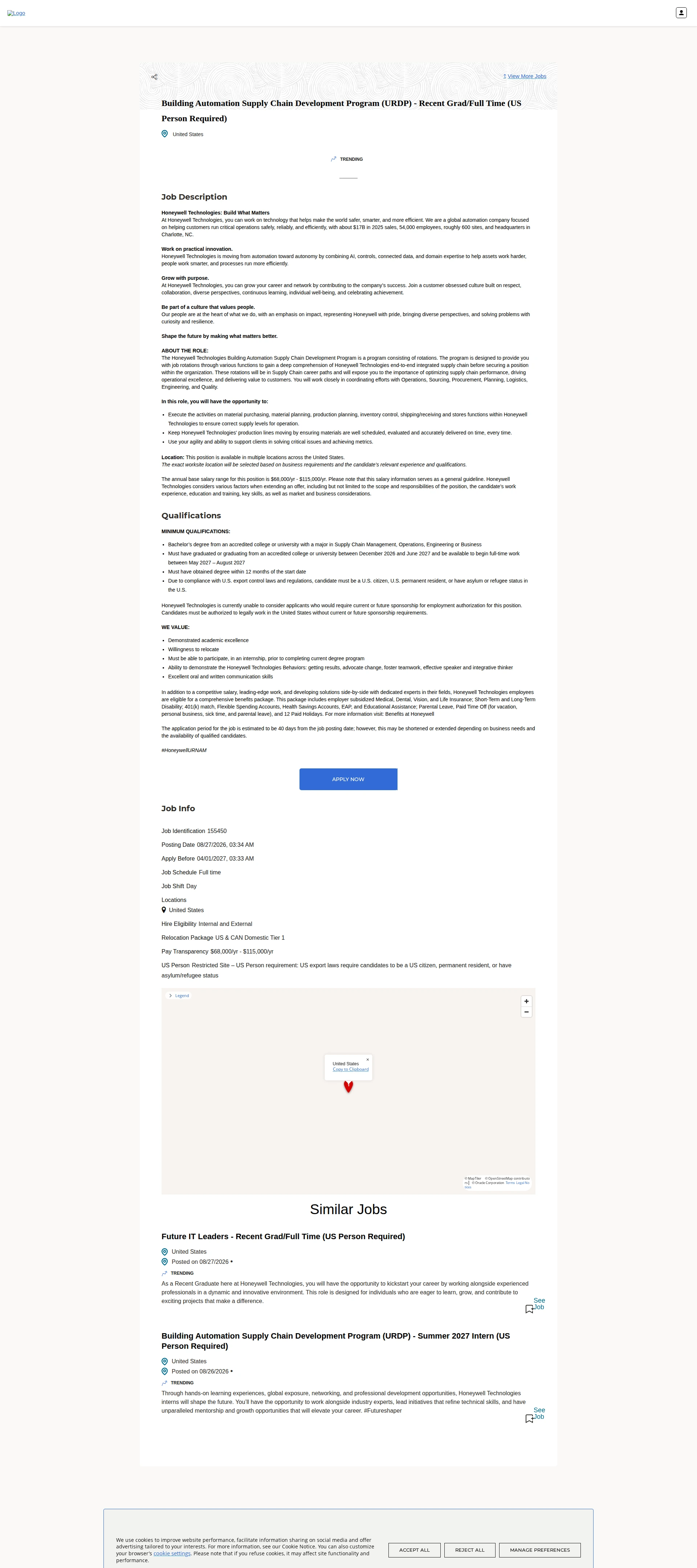 허니웰 Building Automation Supply Chain Development Program (URDP) - Recent Grad/Full Time (US Person Required) 채용공고