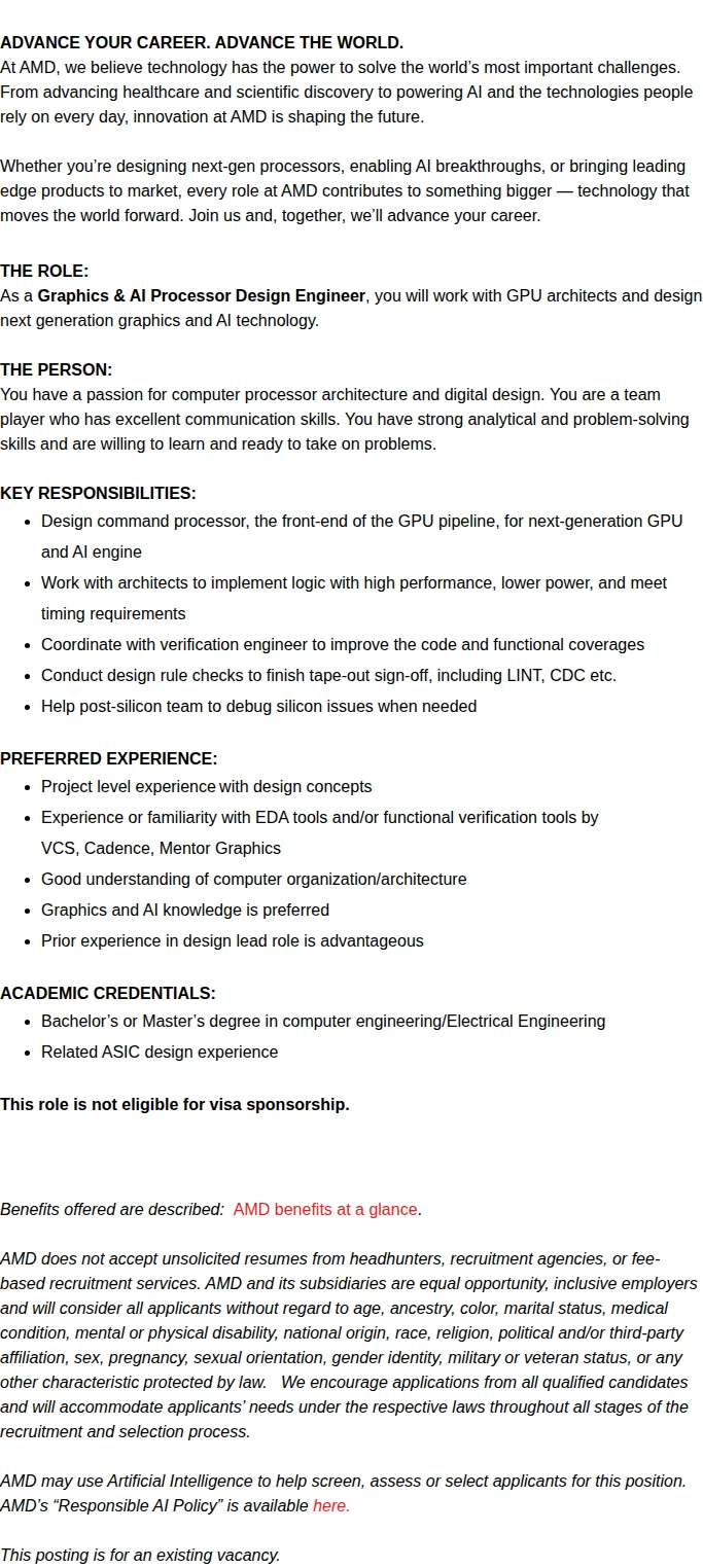 AMD Graphics & AI Processor Design Engineer 채용공고
