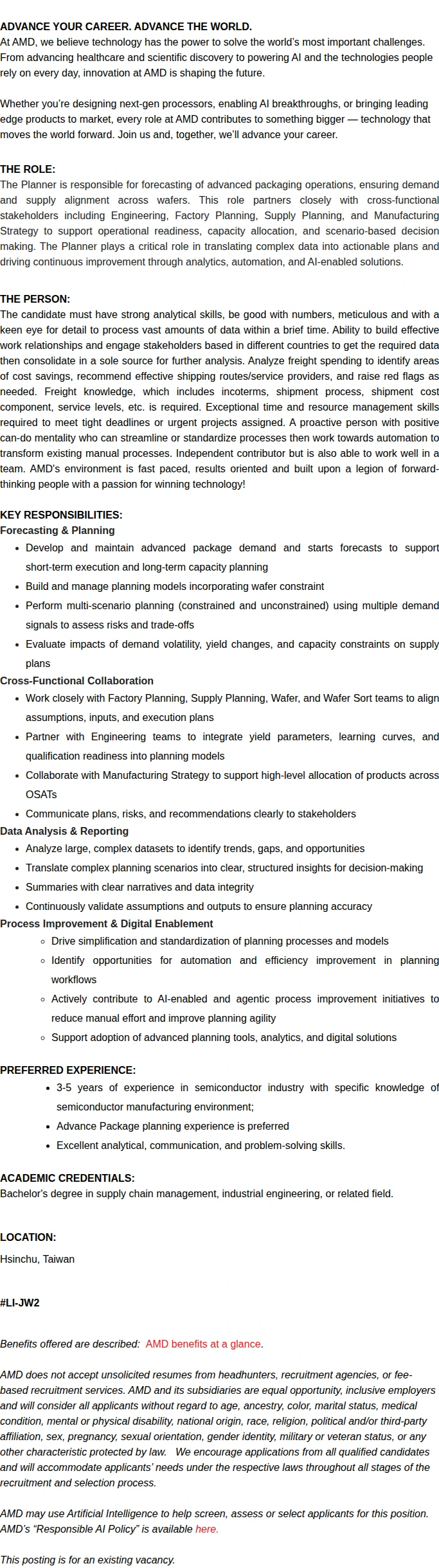 AMD Sr. Supply Chain Specialist 채용공고