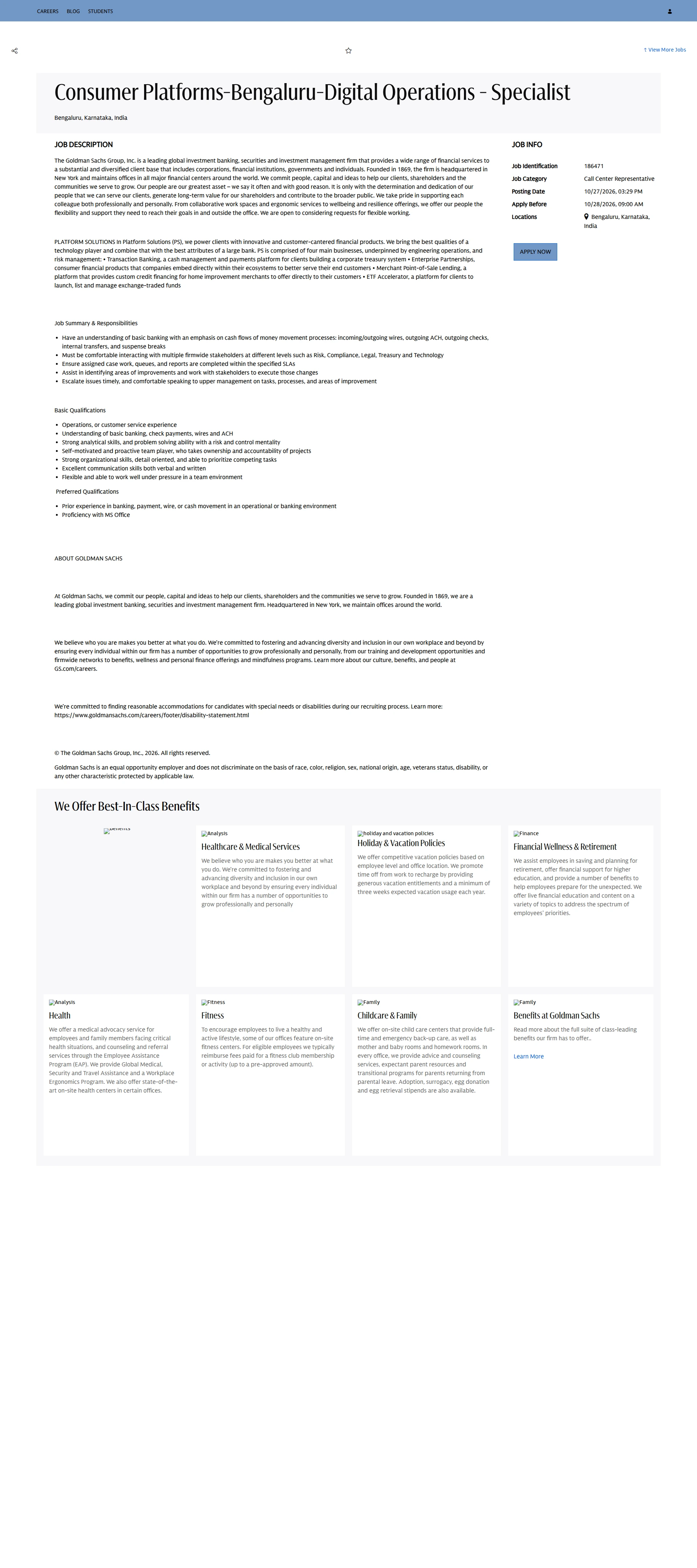 골드만삭스 Consumer Platforms-Bengaluru-Digital Operations - Specialist 채용공고