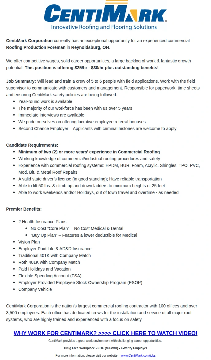 CentiMark Corporation Roofing Production Foreman 채용공고