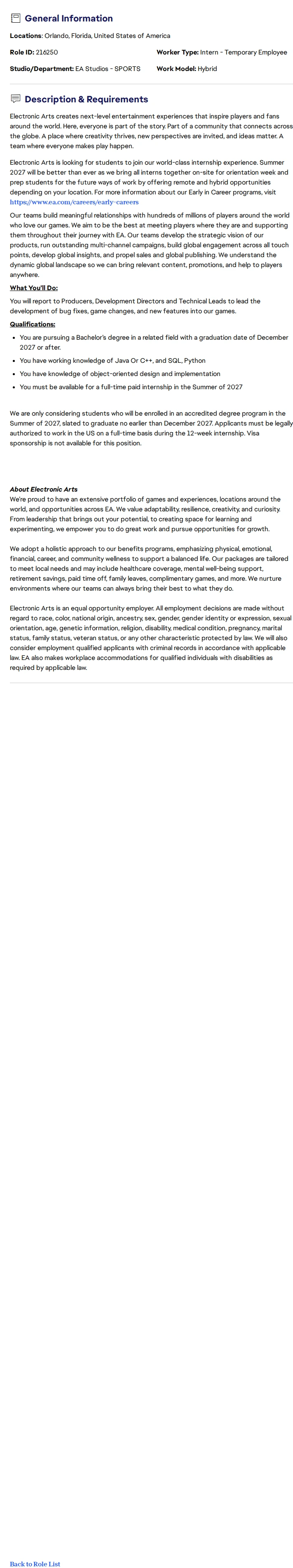 ElectronicArts Software Engineer Intern - SUMMER 2027 채용공고