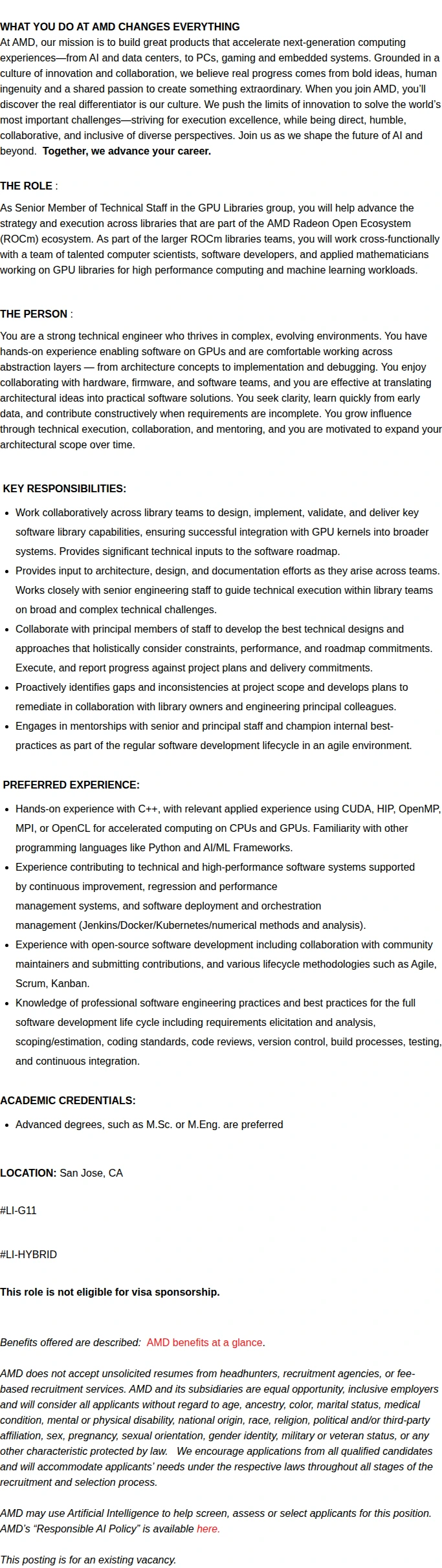 AMD GPU Software Engineer - GPU Libraries 채용공고