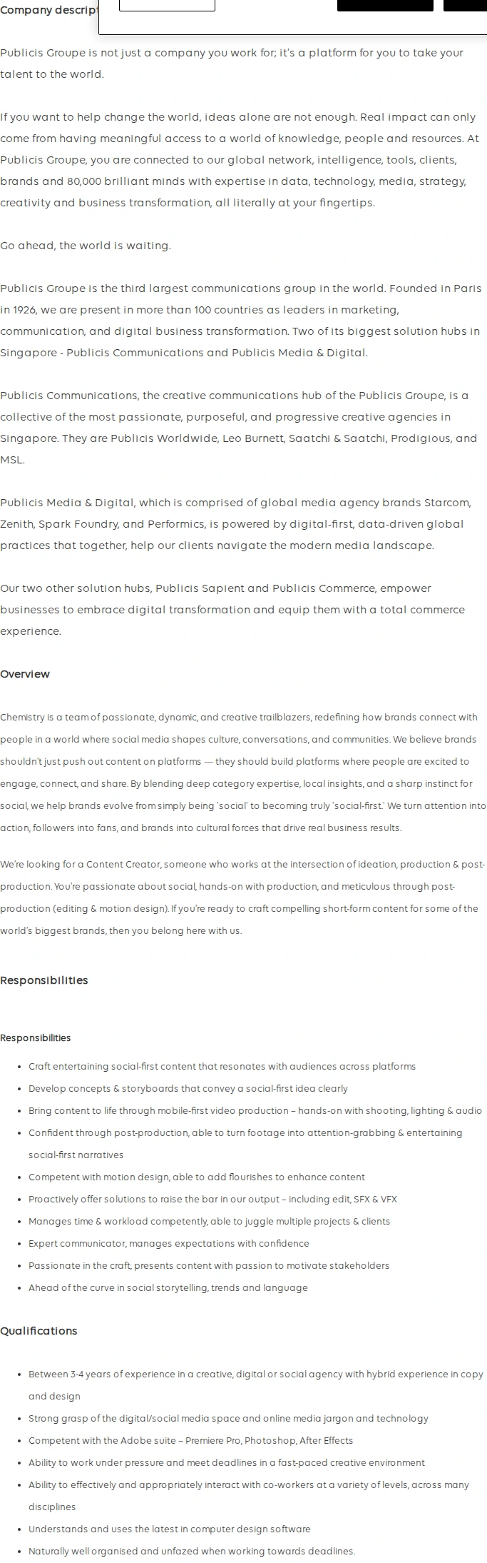 Publicis Groupe Social Content Creator (motion graphics) 채용공고