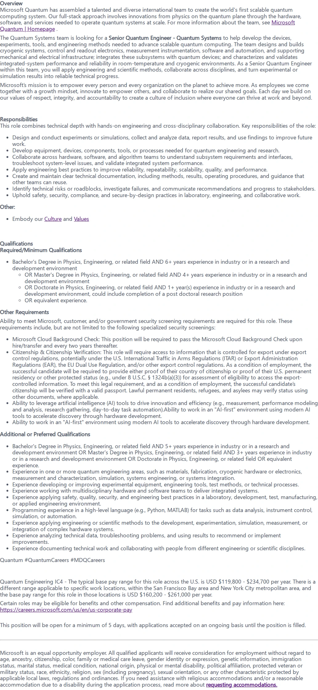 마이크로소프트(Microsoft) Senior Quantum Engineer - Quantum Systems 채용공고