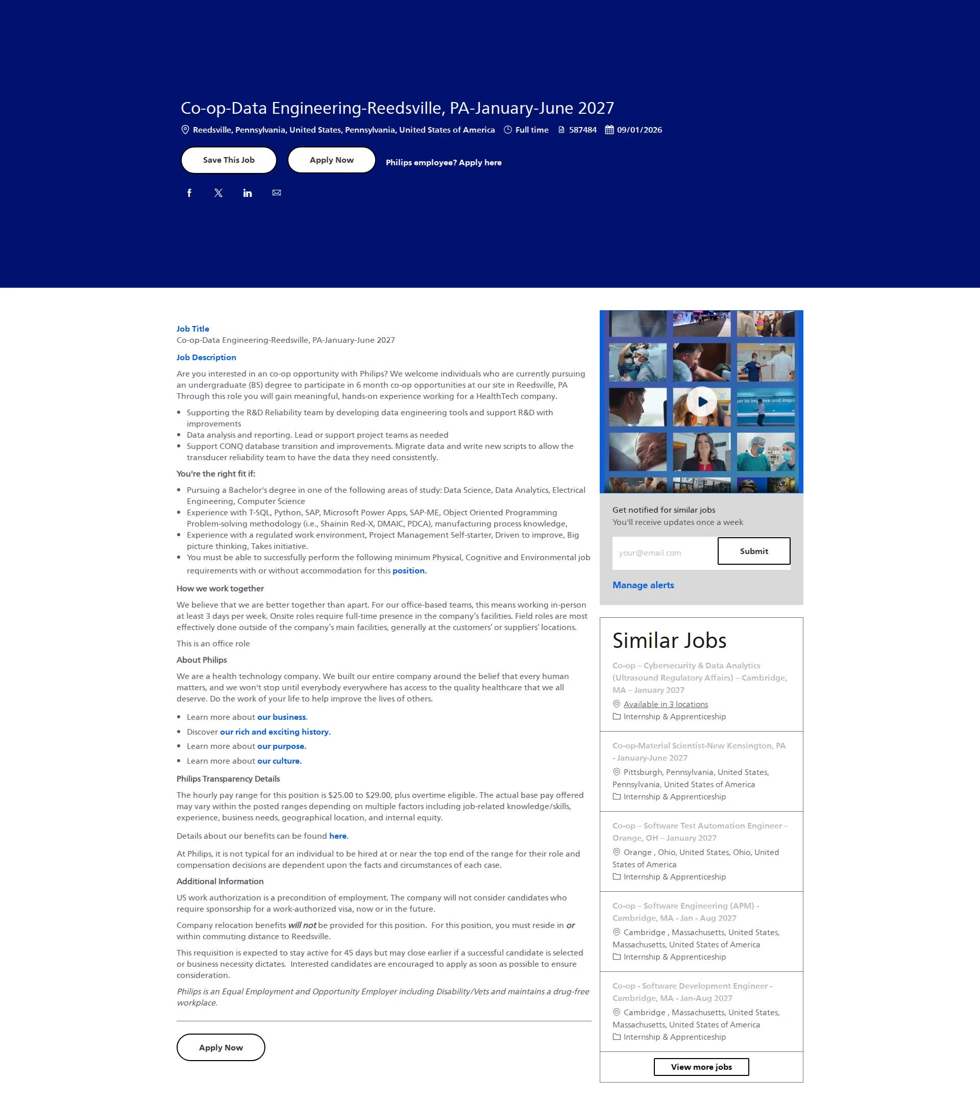 필립스 Co-op-Data Engineering-Reedsville, PA-January-June 2027 채용공고
