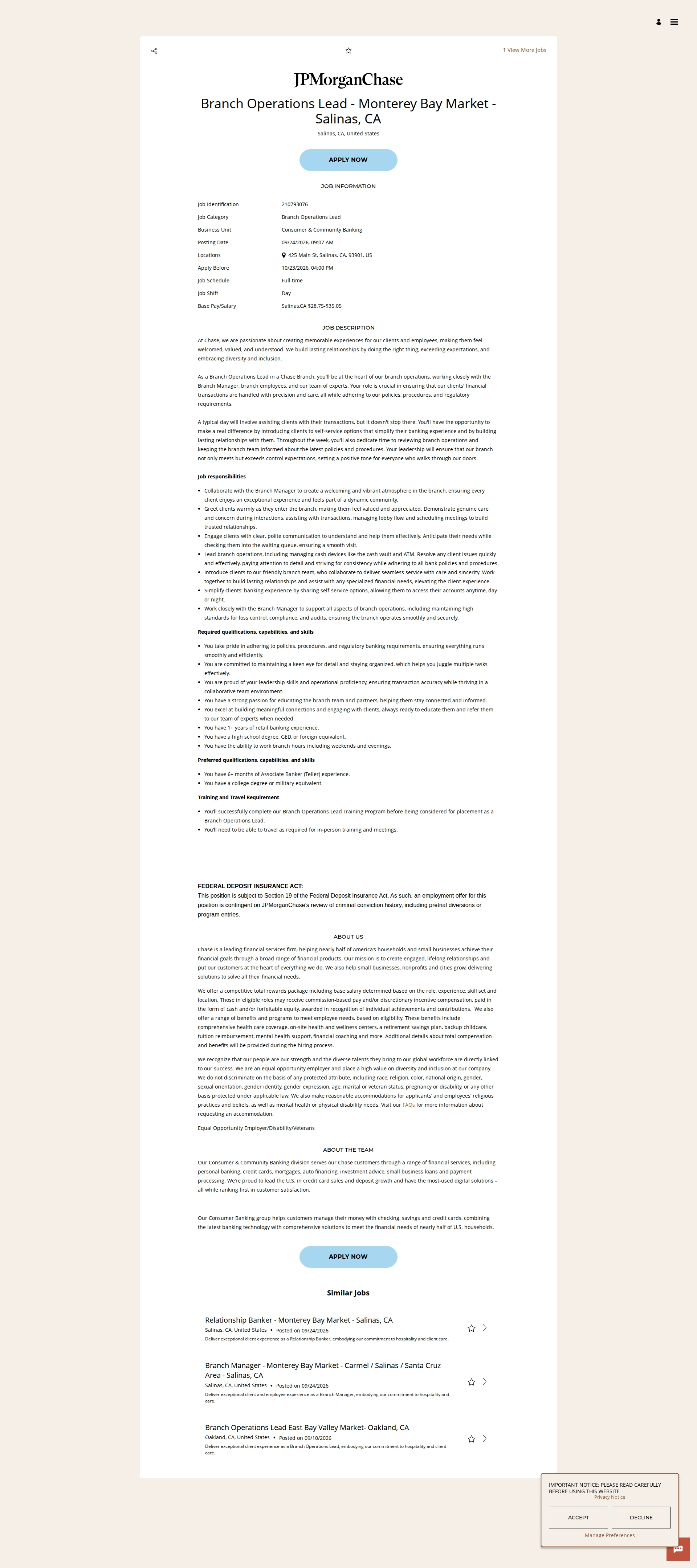 JPMorganChase Branch Operations Lead - Monterey Bay Market - Salinas, CA 채용공고