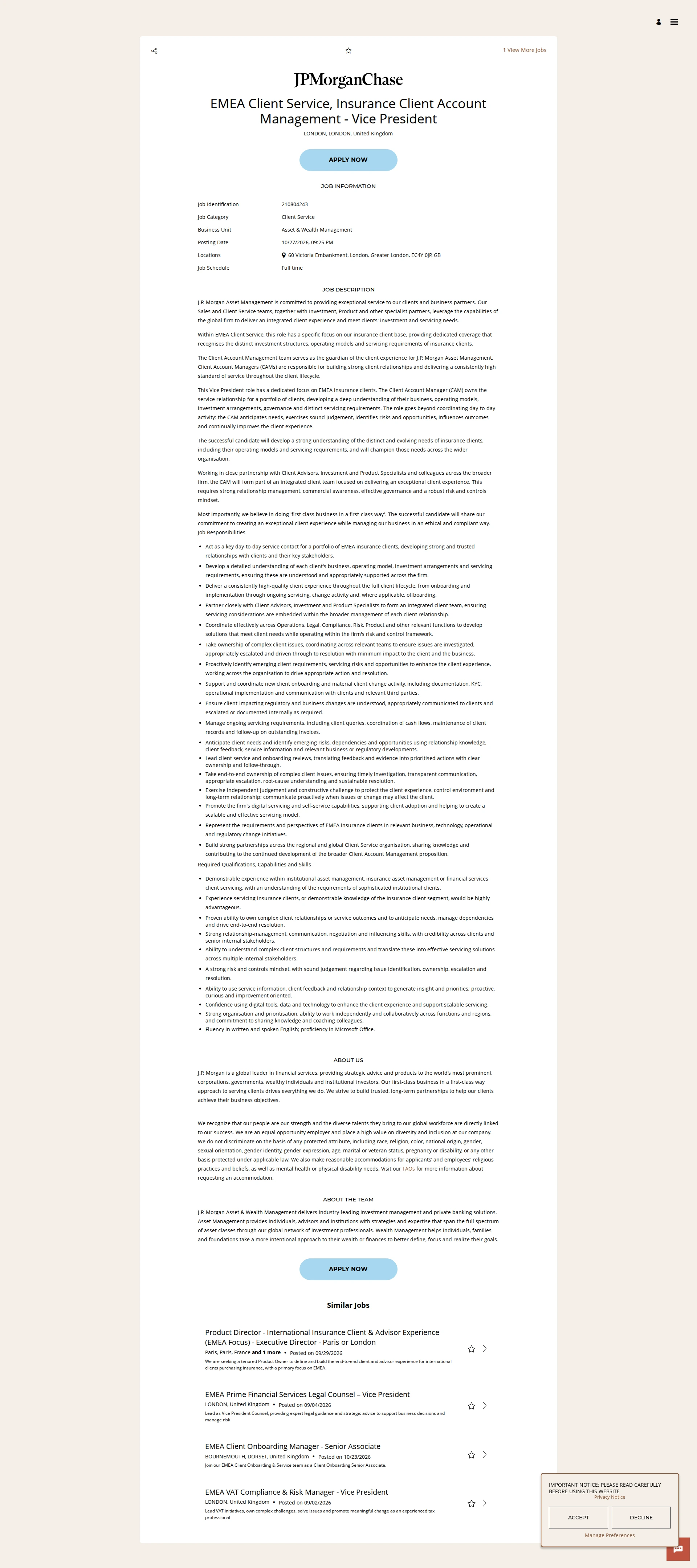 JPMorganChase EMEA Client Service, Insurance Client Account Management - Vice President 채용공고