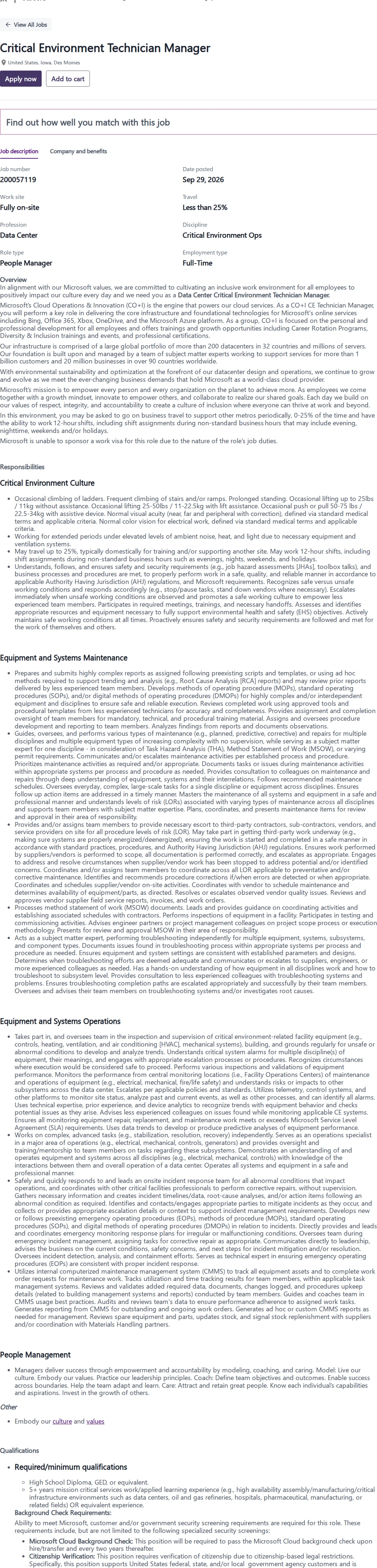 마이크로소프트(Microsoft) Critical Environment Technician Manager 채용공고