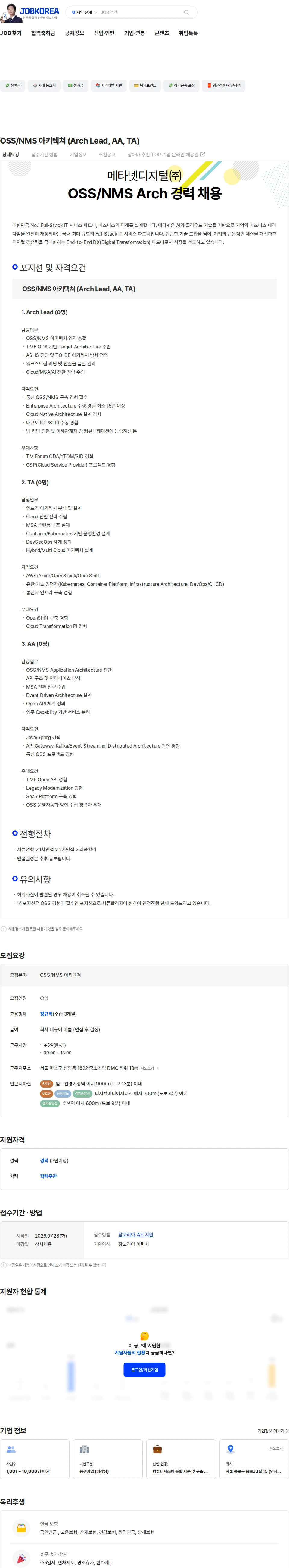 메타넷디지털 OSS/NMS 아키텍쳐 (Arch Lead, AA, TA) 채용공고