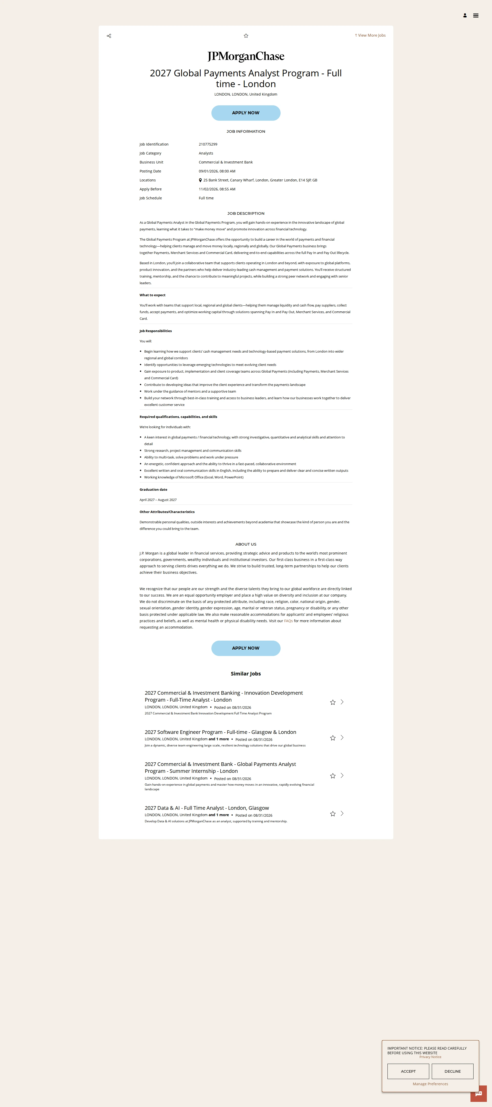 JPMorganChase 2027 Global Payments Analyst Program - Full time - London 채용공고